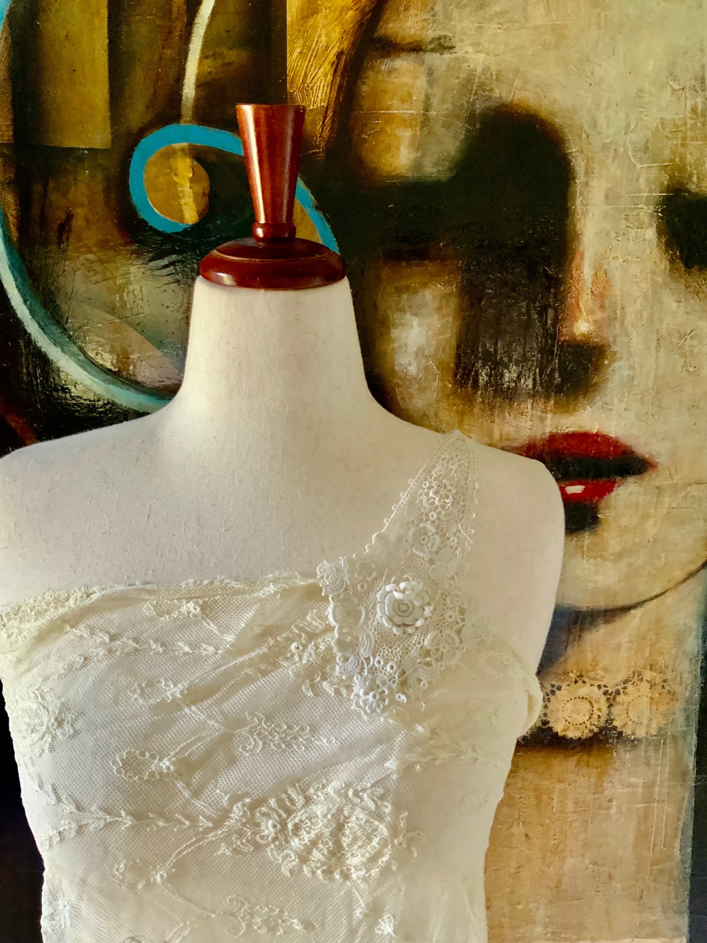 Antique Lace Shoulder Accent with Rosette – Edwardian Lace Appliqué, Asymmetrical Couture Piece