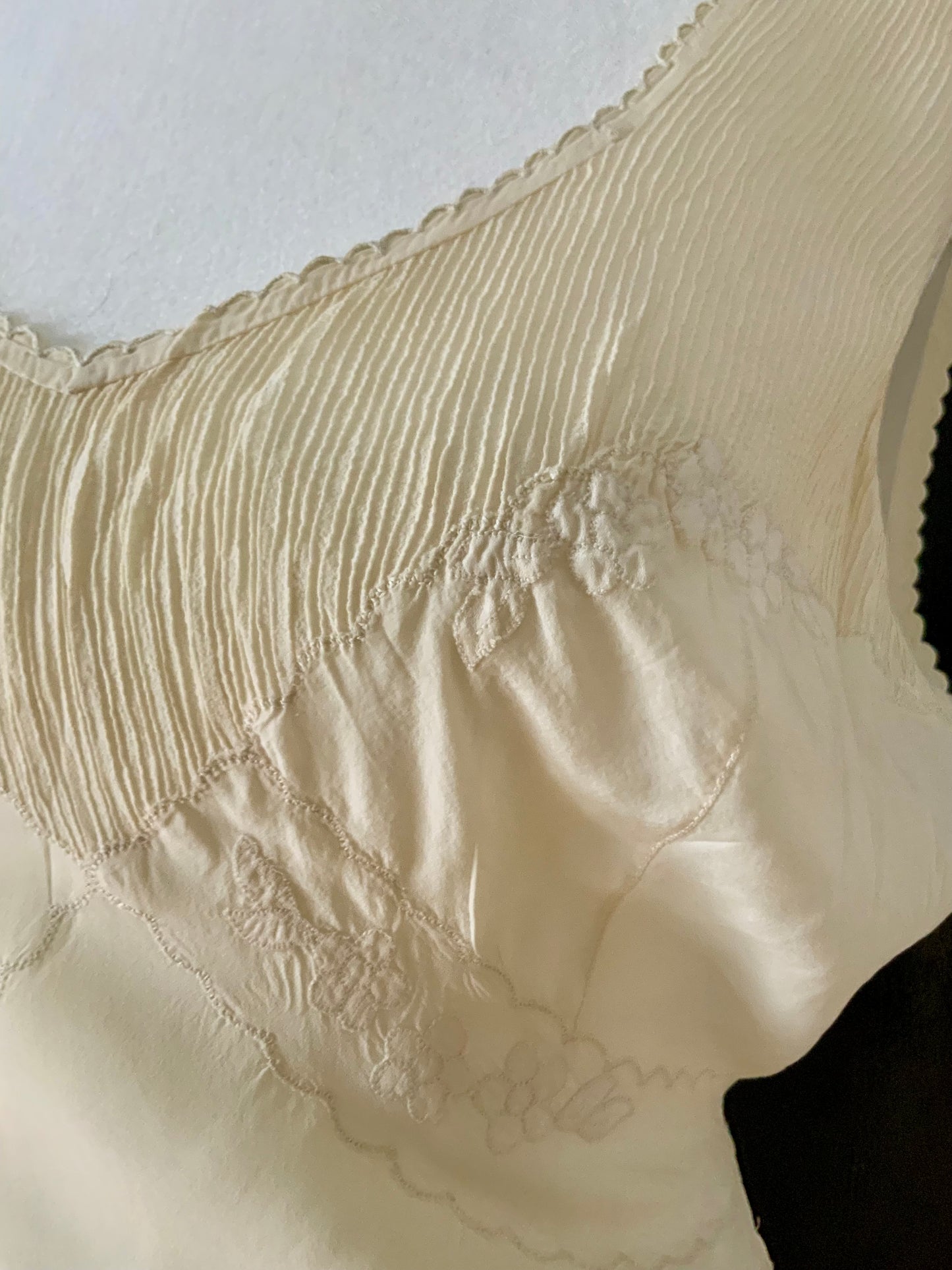 Antique 1930s–40s Pure Silk Nightgown — Ivory Bias Cut Slip Dress with Pintucks & Embroidery-40AT