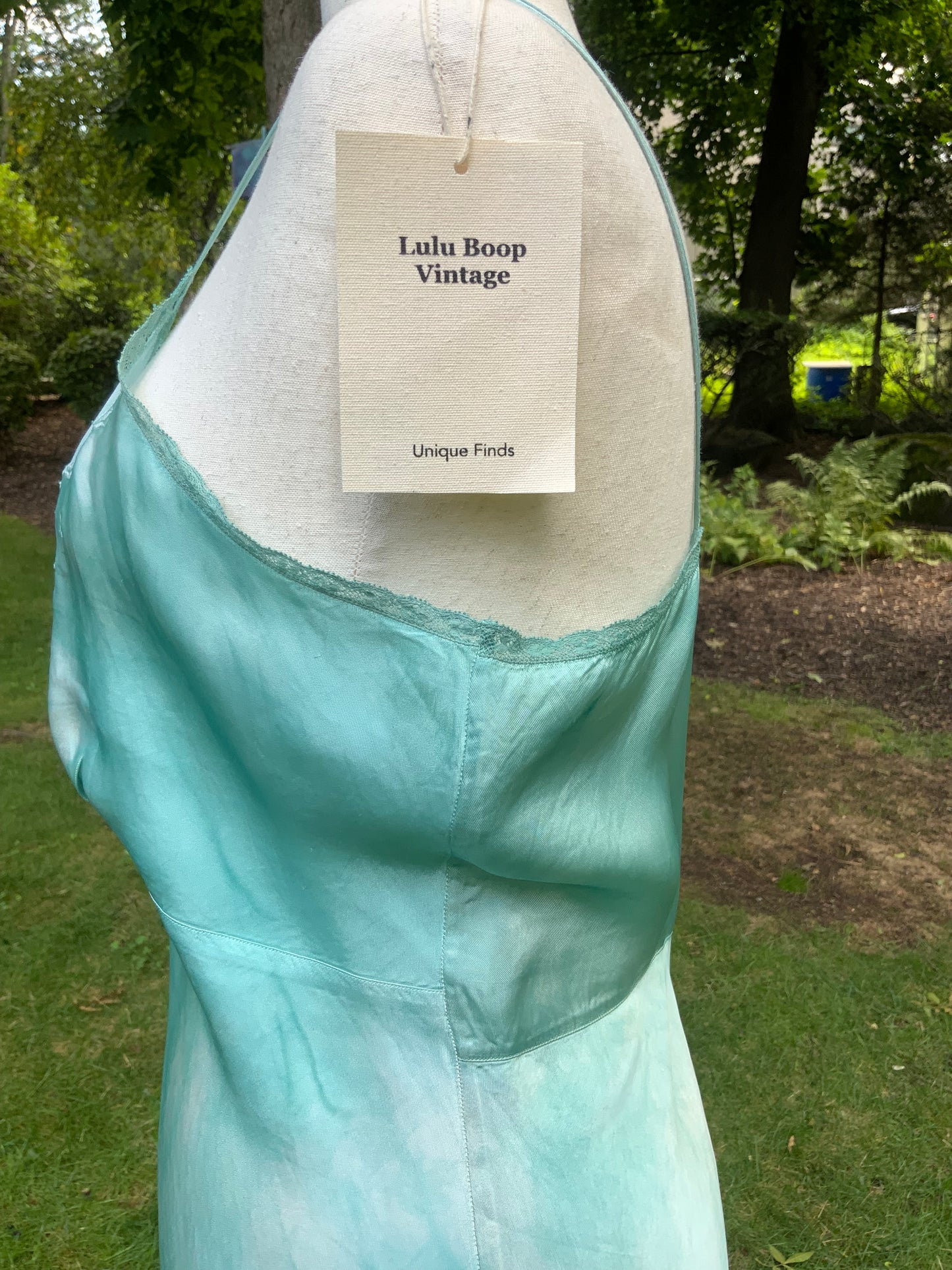 1930s Hand-Dyed Aqua Satin Slip Dress. Embroidered Bias Cut Slip with Sash.40CB