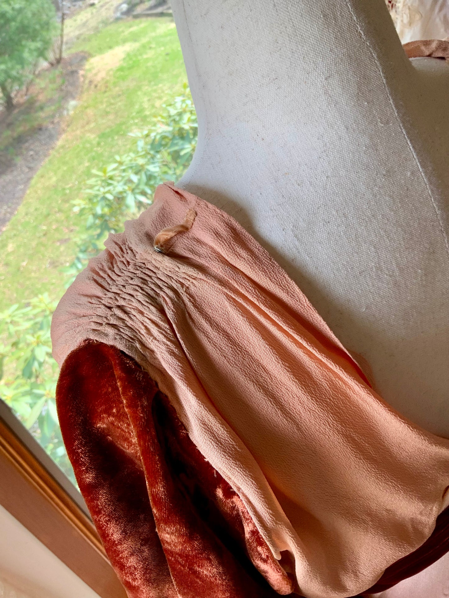1930s Silk Crepe Evening Dress in Dusty Peach with Velvet Accents and Draped Waist | Artfully Restored-Iconic-30BH