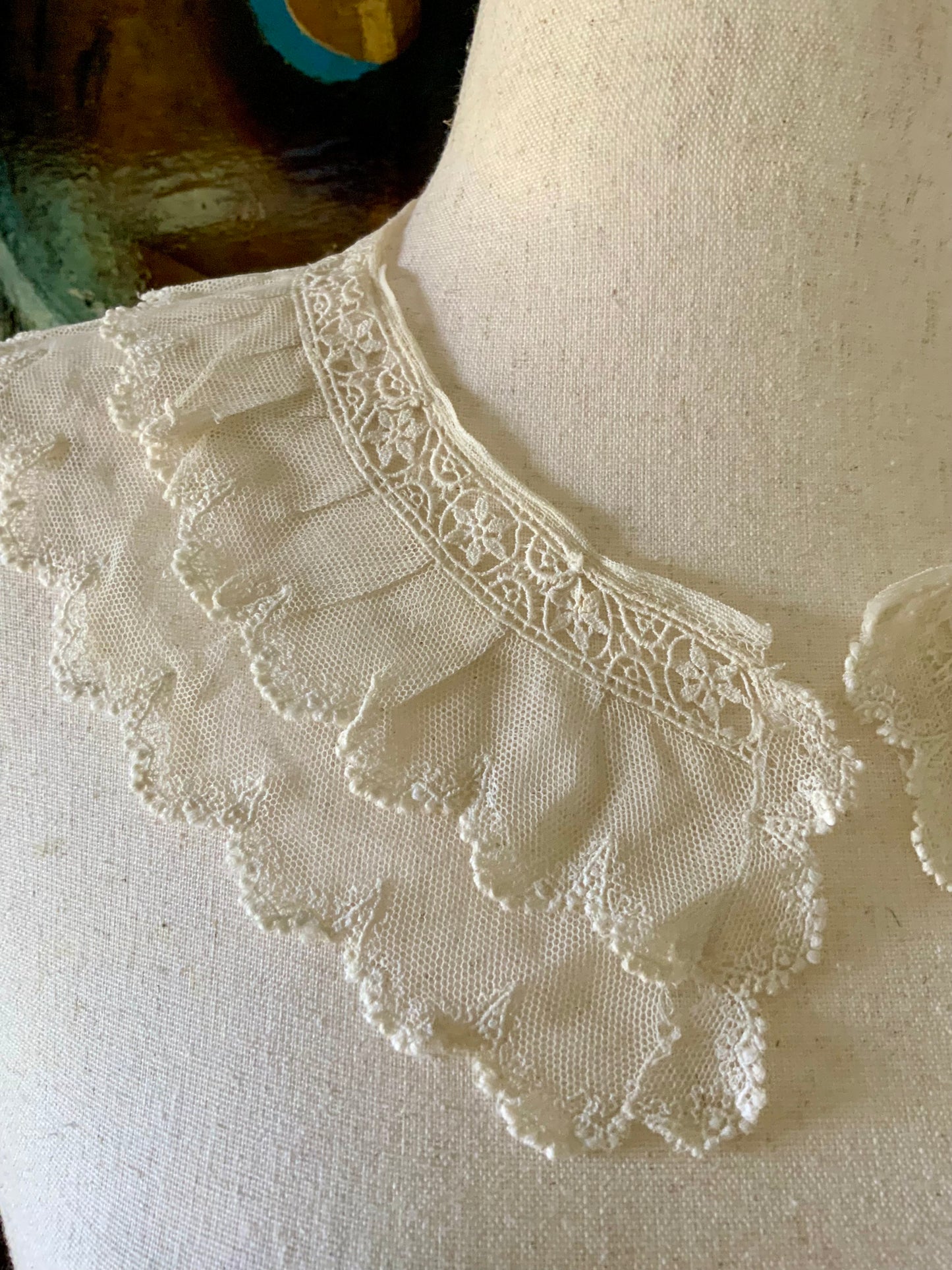 Antique Edwardian Lace Collar | Double Ruffle Net Lace Collar | Romantic Detachable Collar | Sheer Lace Neckpiece