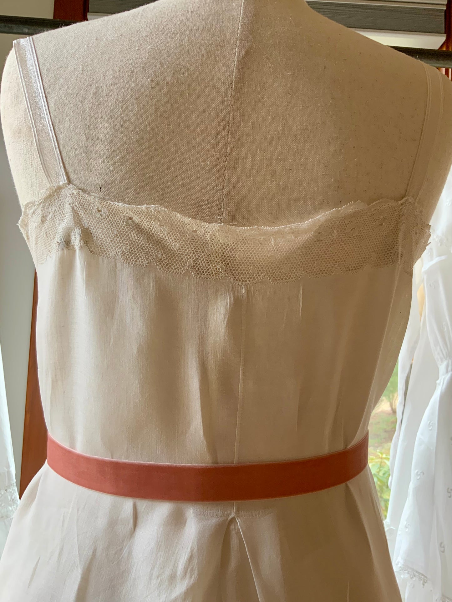 Antique 1910s Cotton Batiste Lingerie Dress with Lace Insertion & Hand Embroidery-ED74