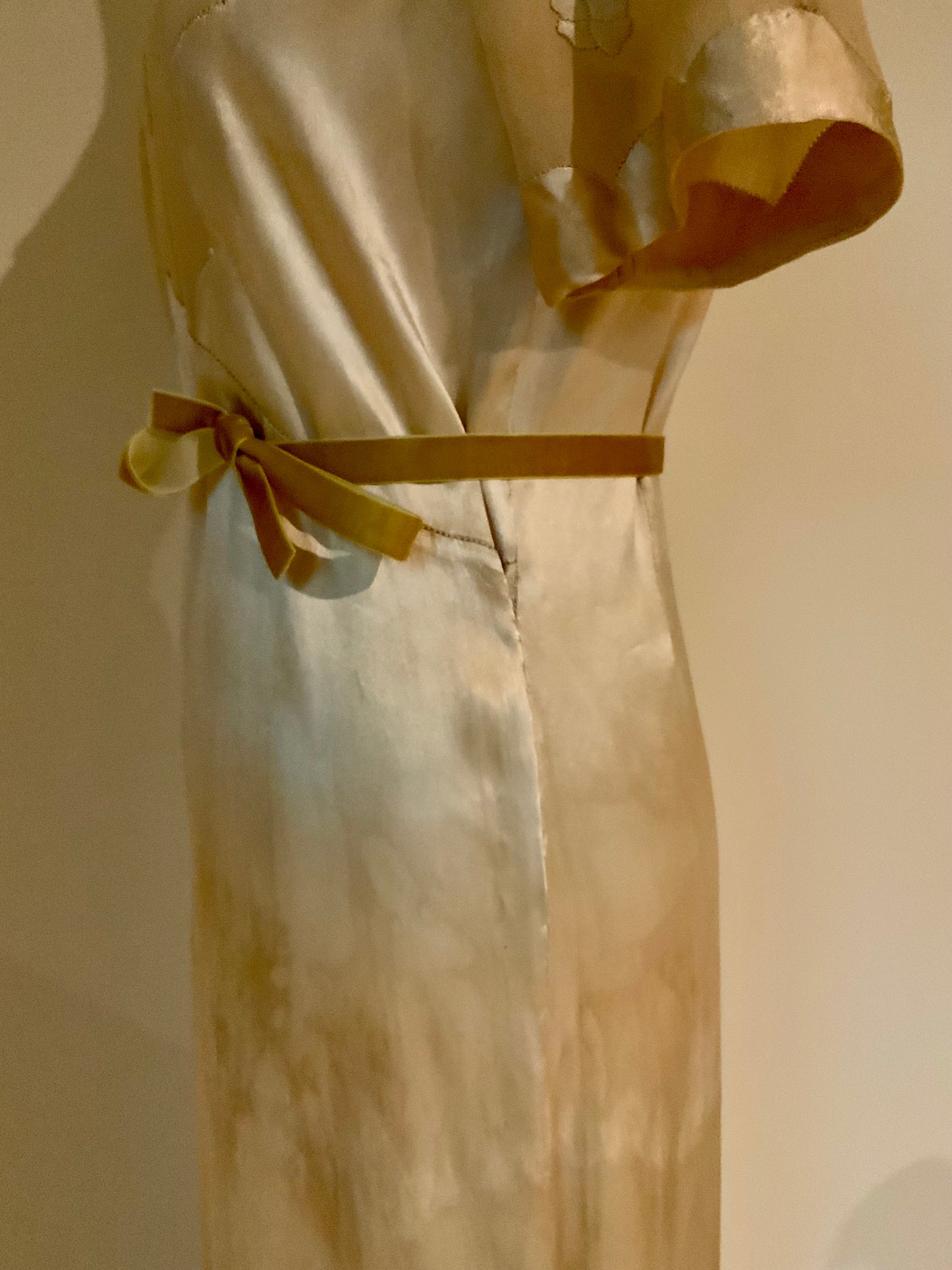 Rare 1930s Tea-Dyed Silk Hostess Gown with Original Floral Appliqué Details