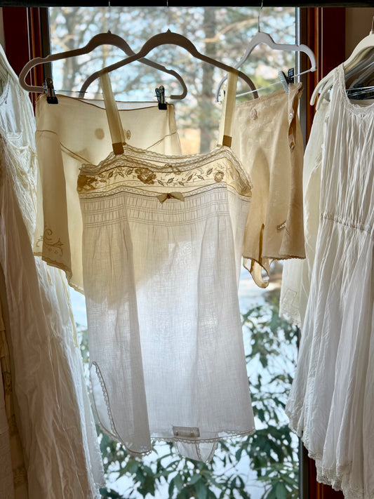 Edwardian Cotton Batiste Teddy | Antique Embroidered Sheer Band Step-In with Lace Appliqué-ED53