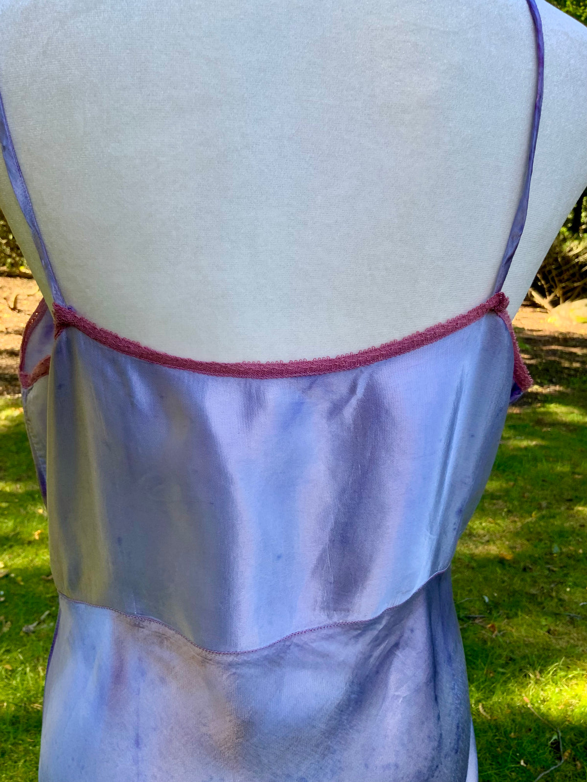 1930s/40s  Hand-Dyed Lilac Satin Slip Dress with Floral Embroidery.40BV