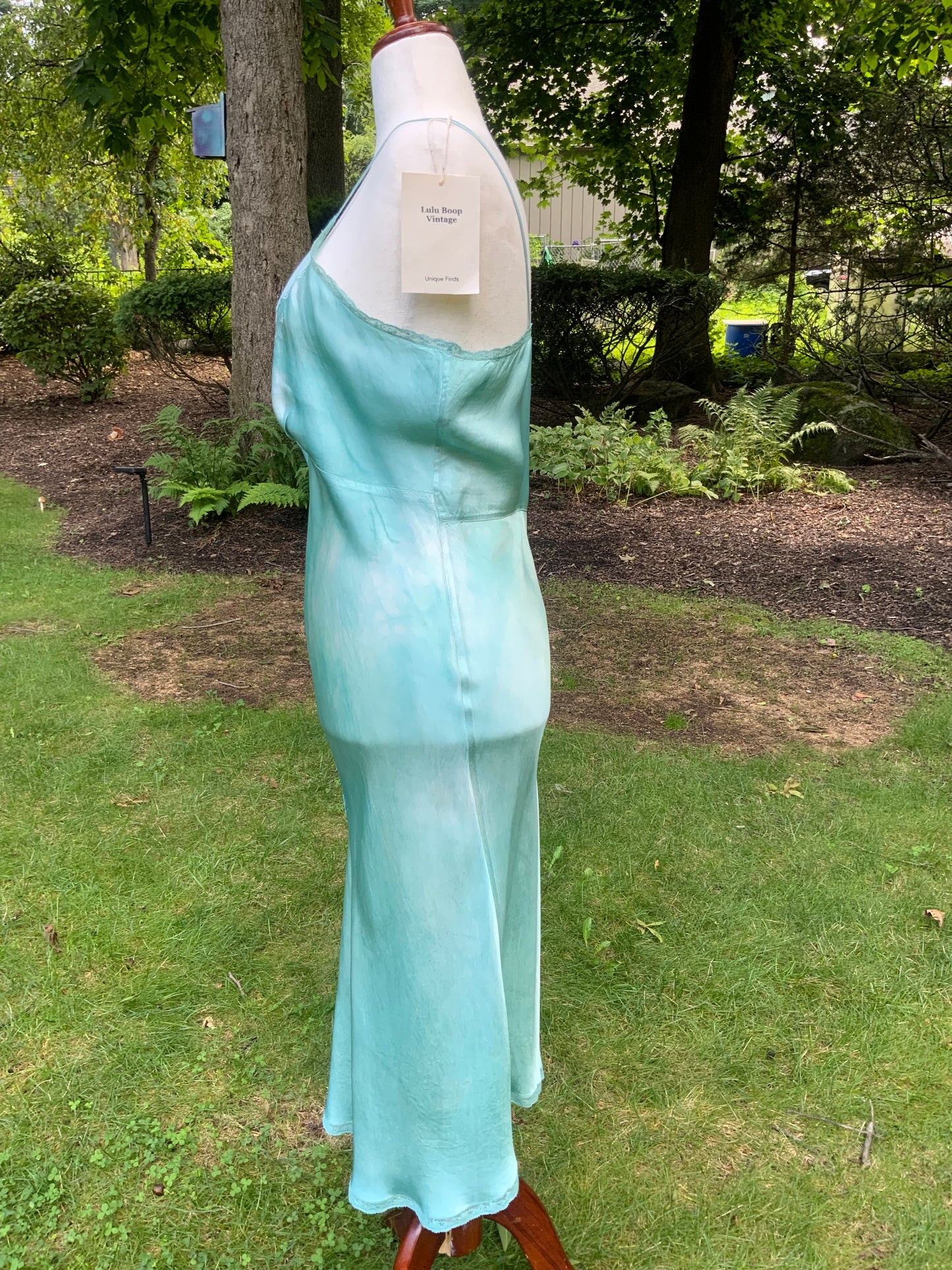 1930s Hand-Dyed Aqua Satin Slip Dress. Embroidered Bias Cut Slip with Sash.40CB