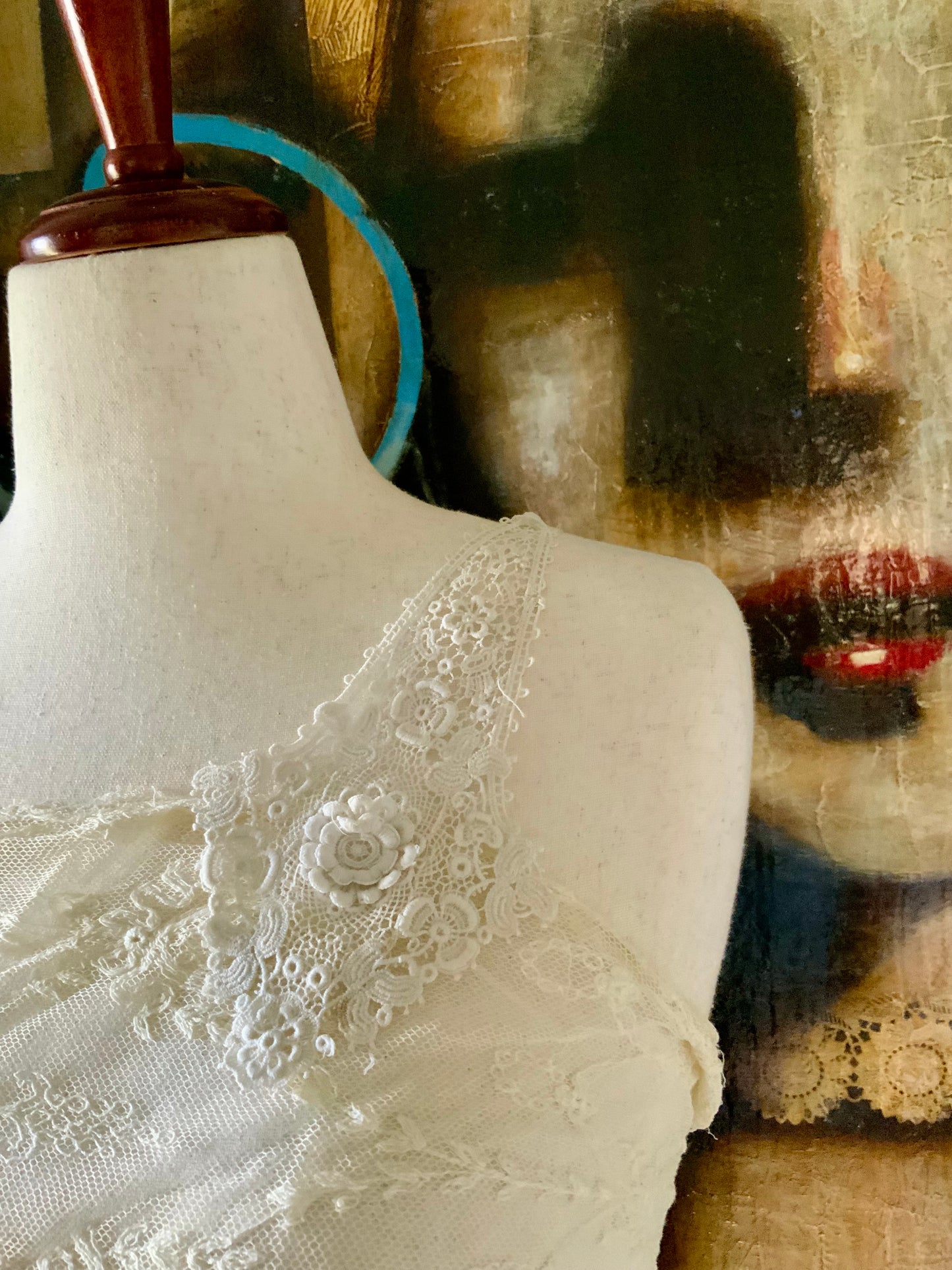 Antique Lace Shoulder Accent with Rosette – Edwardian Lace Appliqué, Asymmetrical Couture Piece