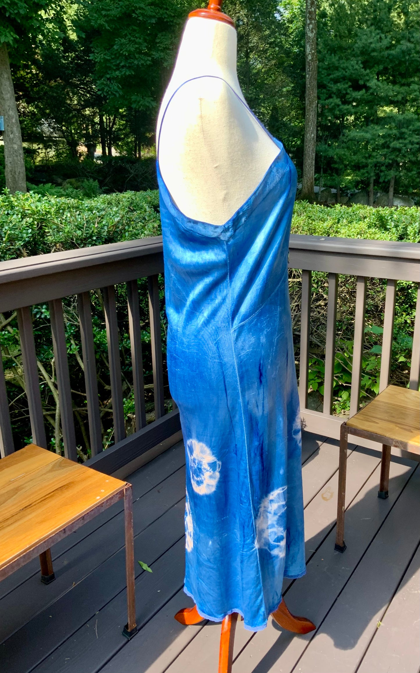Mid-Century Hand Dyed Blue Tie Dye Satin Slip Dress.60P.