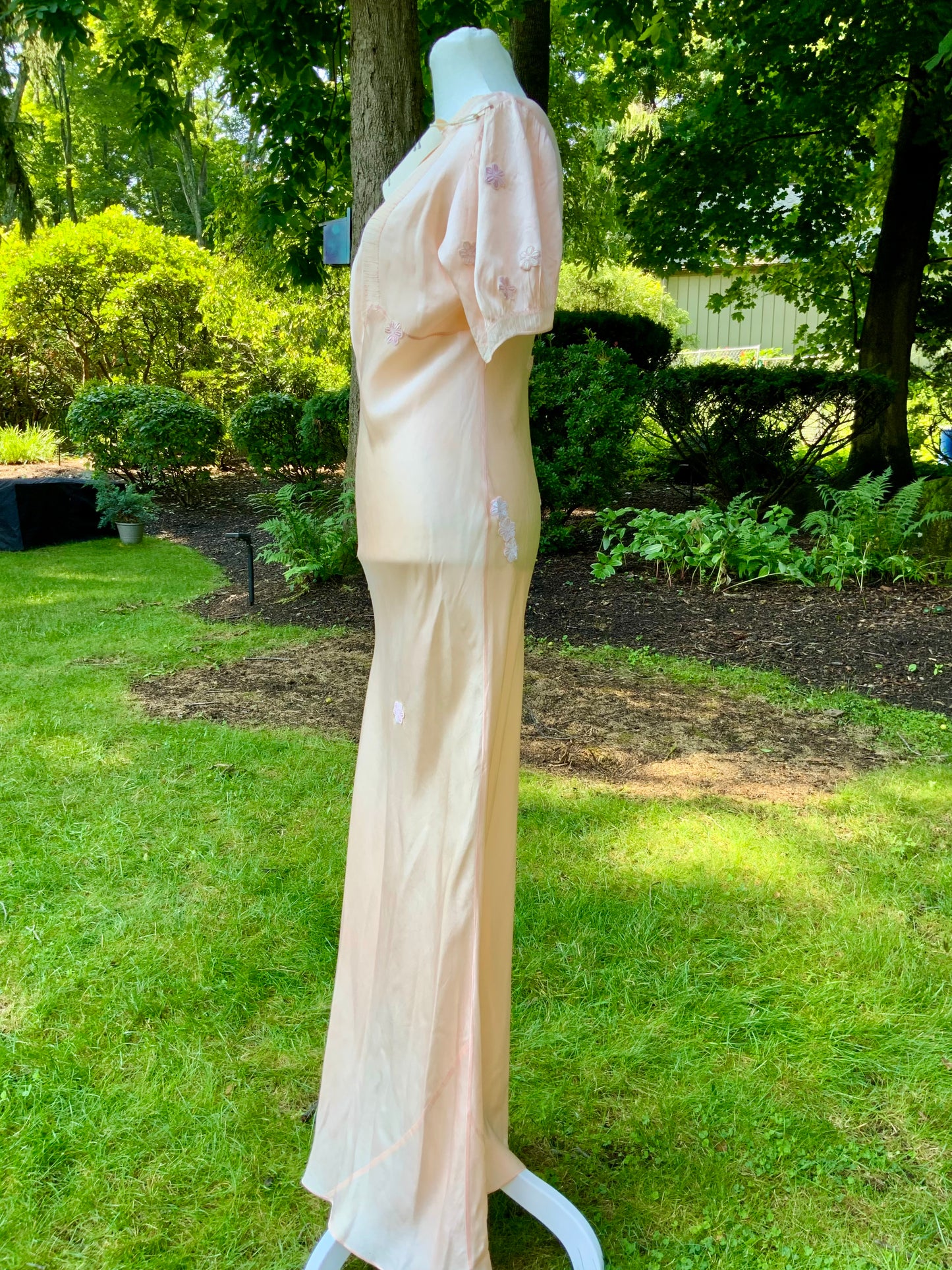 Rare Late 1930s Peach Silk Evening Gown. Pleated Bodice. Bias Cut. Restored Floral Details.30CY