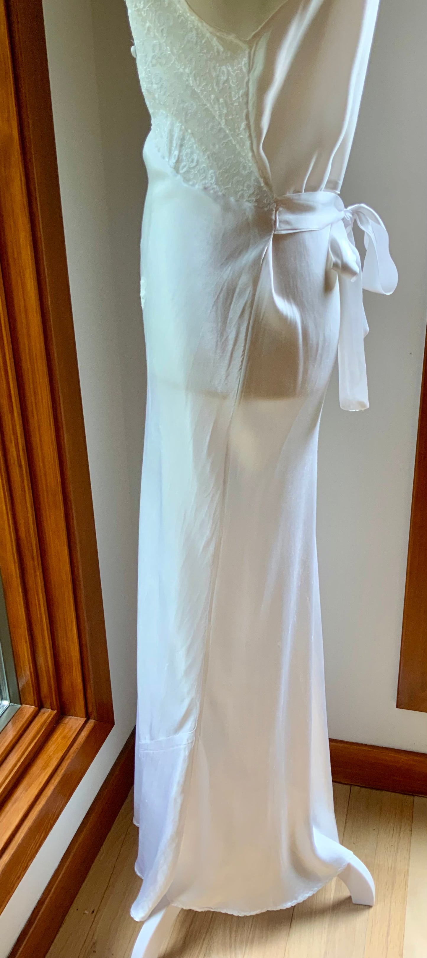 1930s Bridal Boudoir Gown | White Silk Satin Bias Cut Nightgown | Embroidered Lace Bodice | Old Hollywood Lingerie-30DH