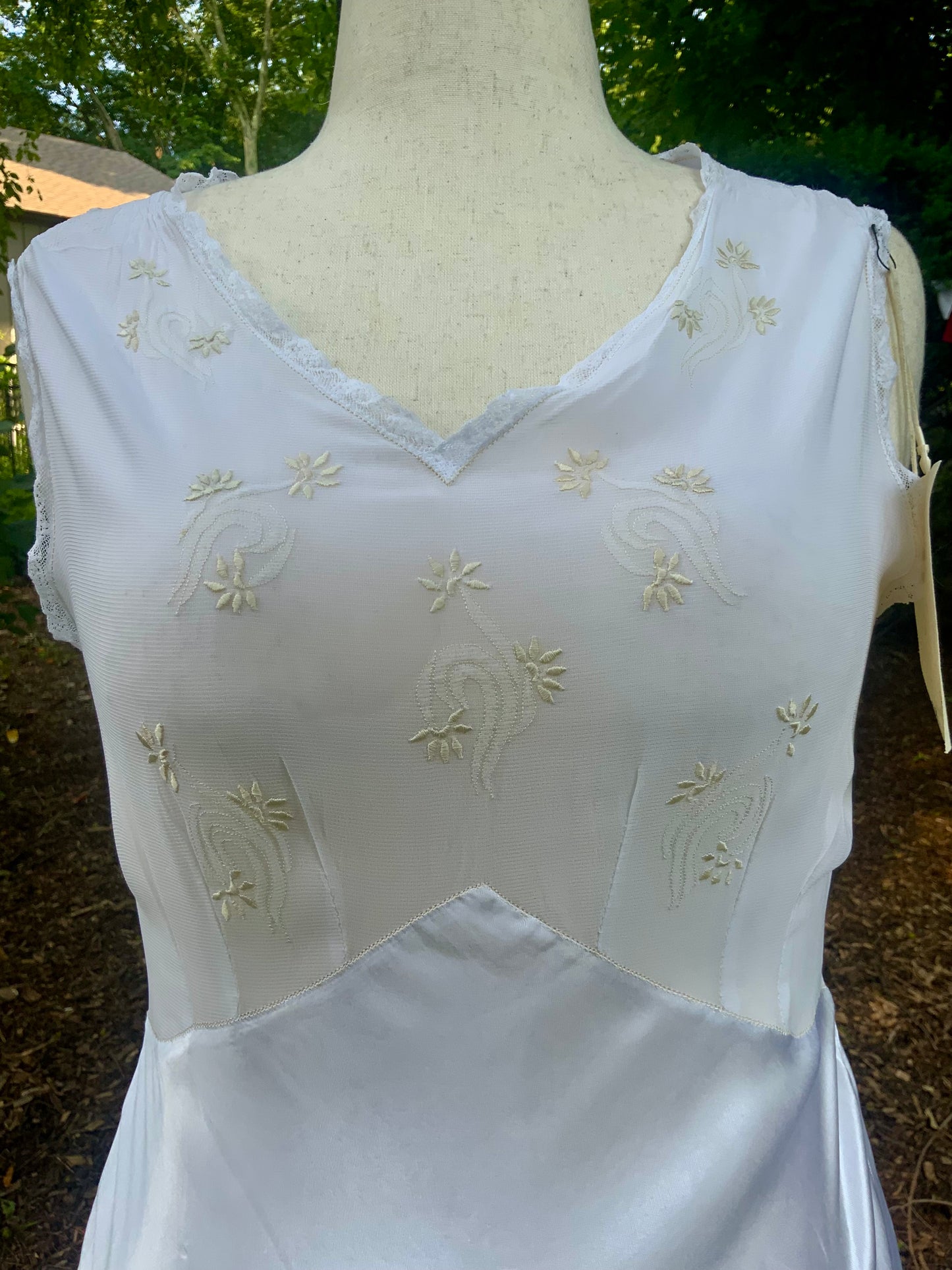 Vintage Satin & Embroidered Sheer Top Slip Dress | 1930s Bias Cut Boudoir Gown-AAA