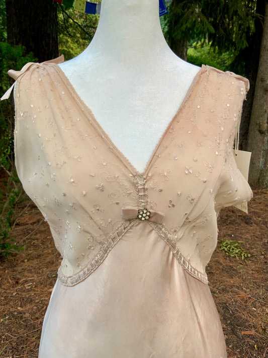 Late 1930s Tea Dyed Champagne Satin Gown Hollywood Glamour Vintage Bridal Slip Dress Boudoir-40BM