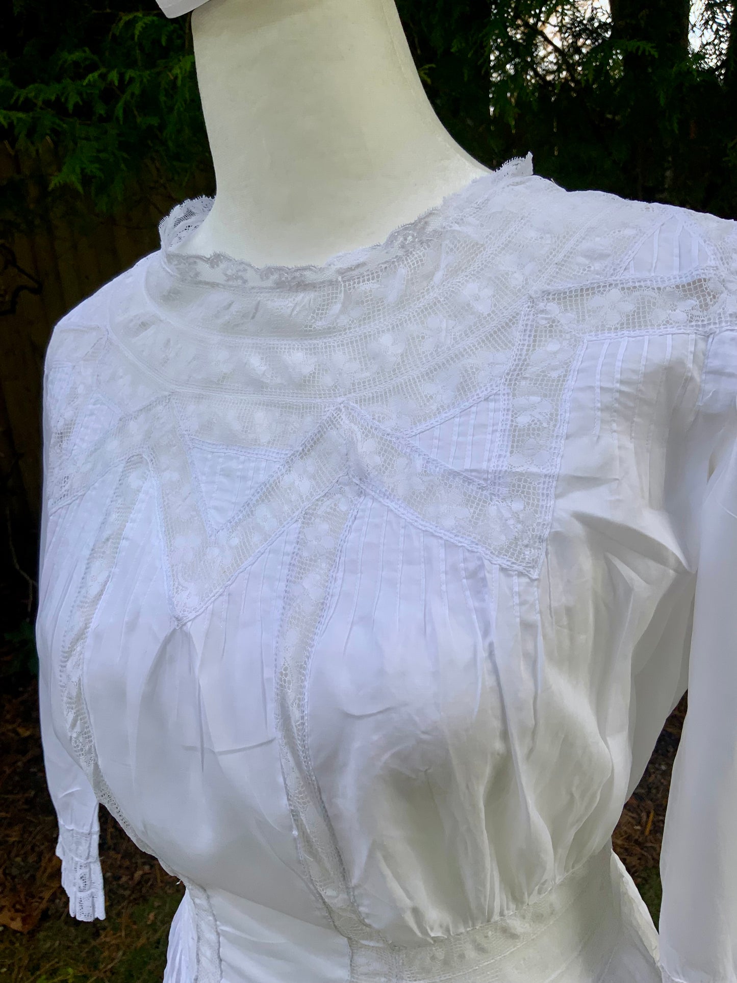 Edwardian White Cotton Lace Tea Dress c.1908–1914 — Pintucks, Lace Inserts - ED37