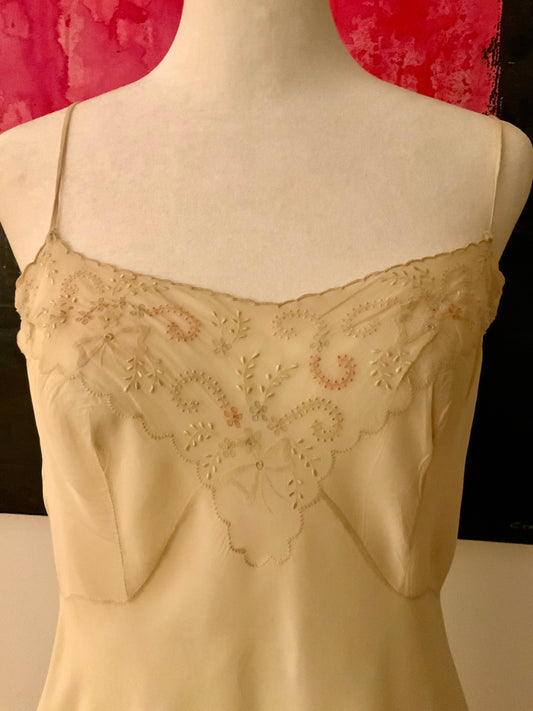 1930s Hand-Embroidered Pure Silk Slip Dress | Champagne - 30AT