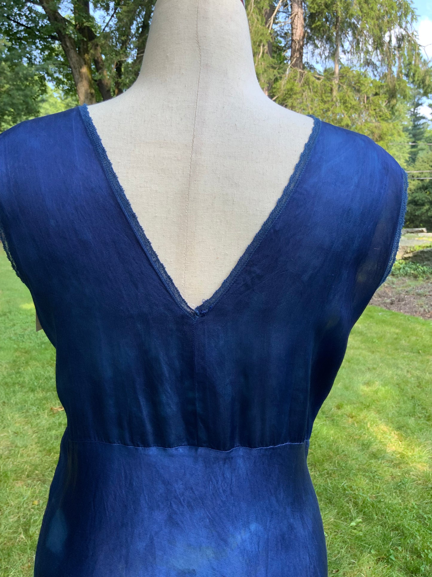 1930s Hand-Dyed Indigo Silk Slip Dress with Batik Resist Dye | OOAK
-40BN