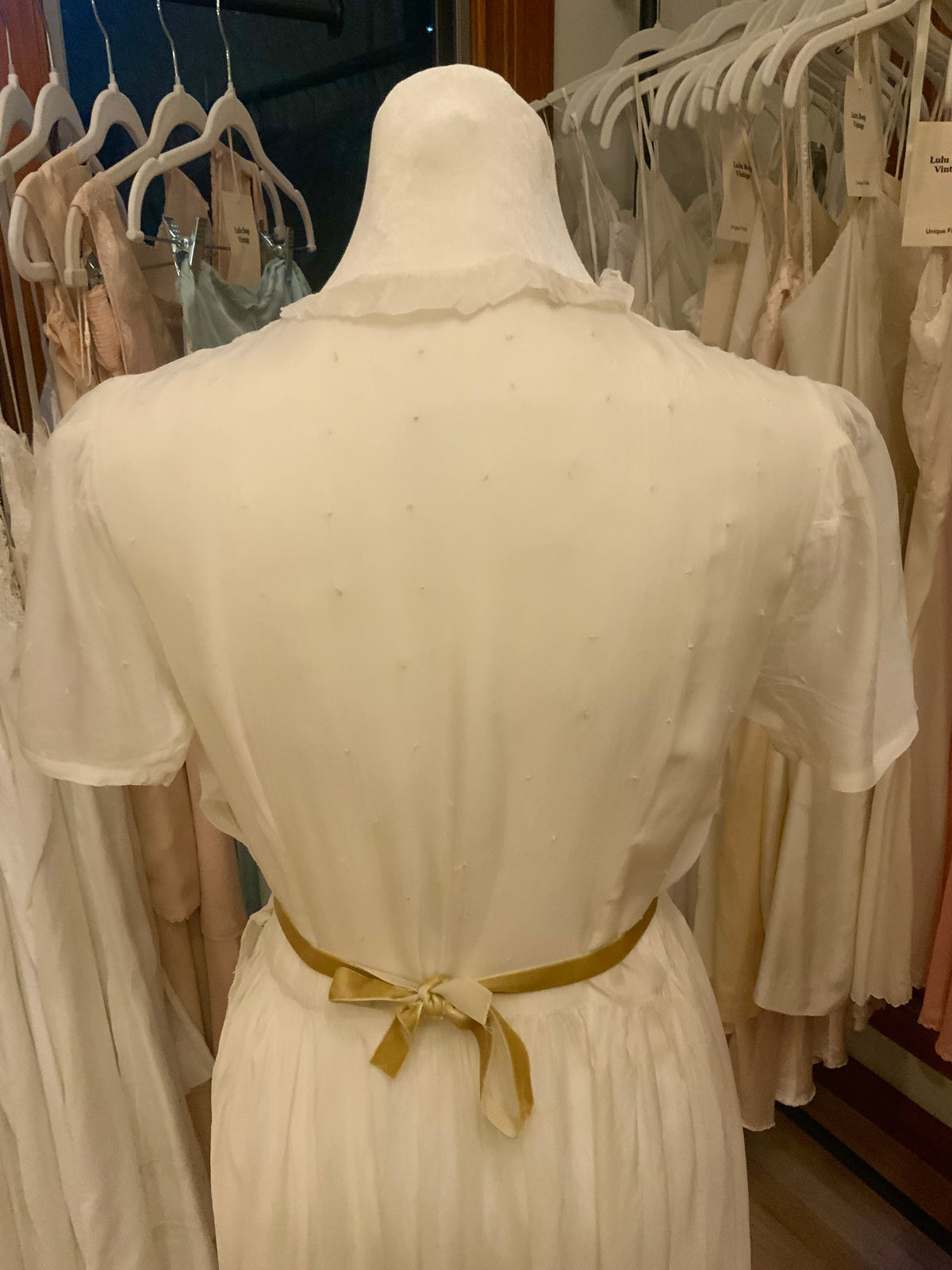 Antique Ivory Chiffon Gown with Ruffled Hem and Lace Appliqué.20ARR