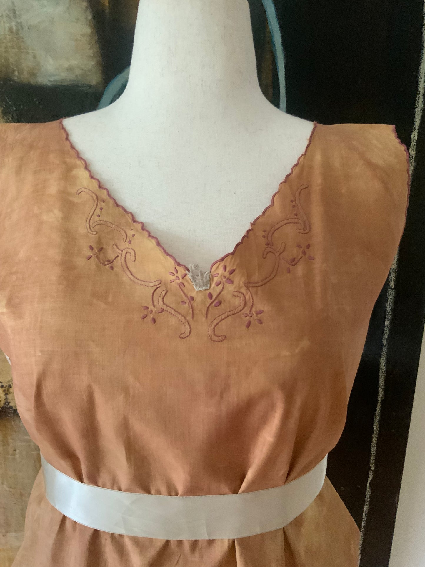 Antique Cotton Nightgown Purple Embroidery - 1910 - ED7