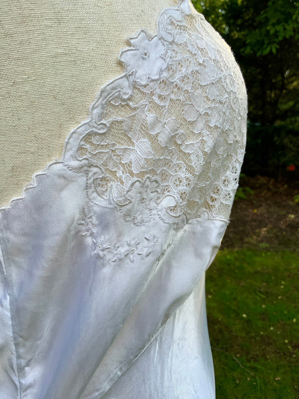 1930s White Satin Bias Cut Slip Dress with Floral Lace .40BT