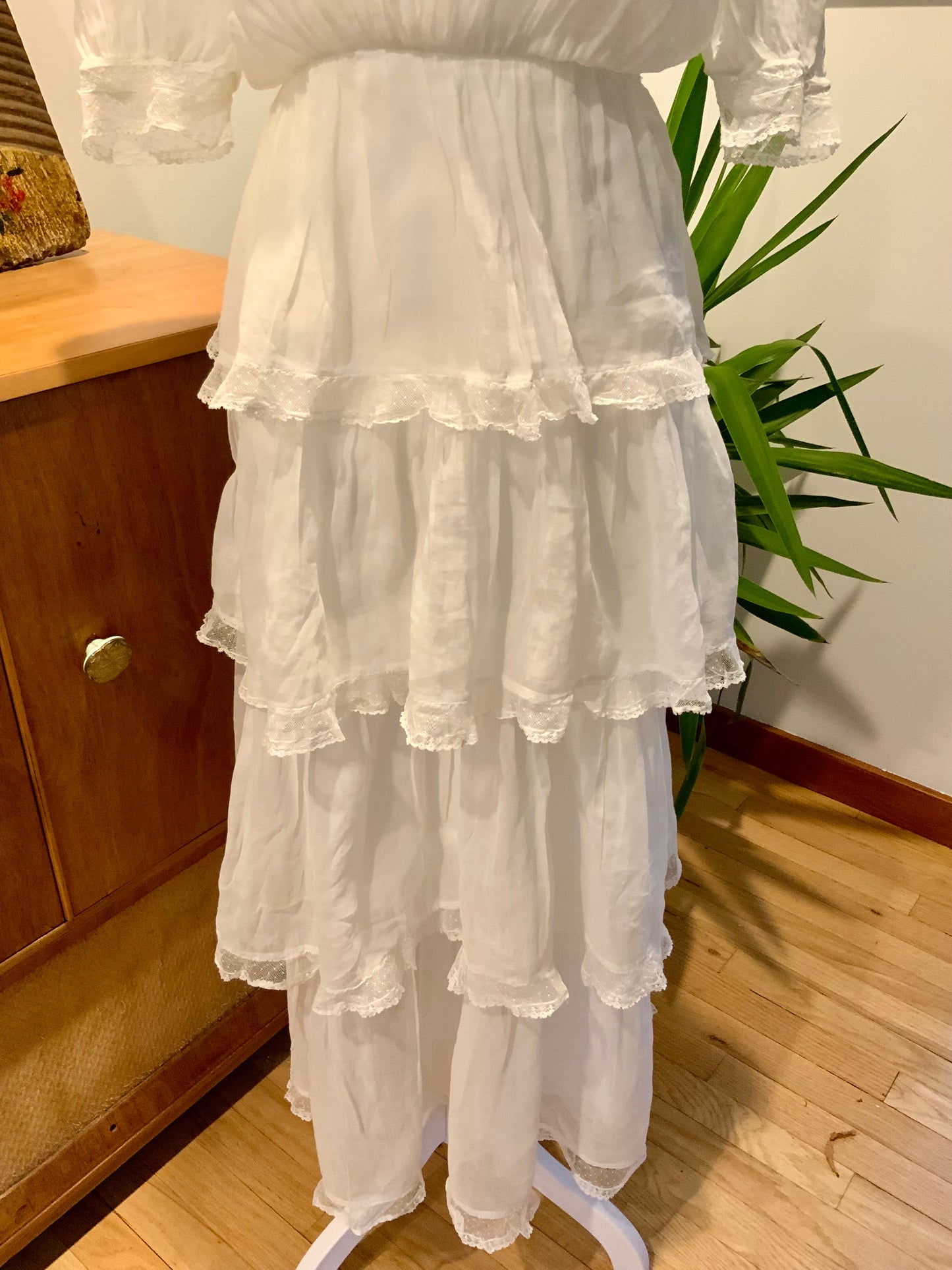 Edwardian White Cotton & Lace Tiered Tea Dress | Antique 1910s Lingerie Gown - ED31