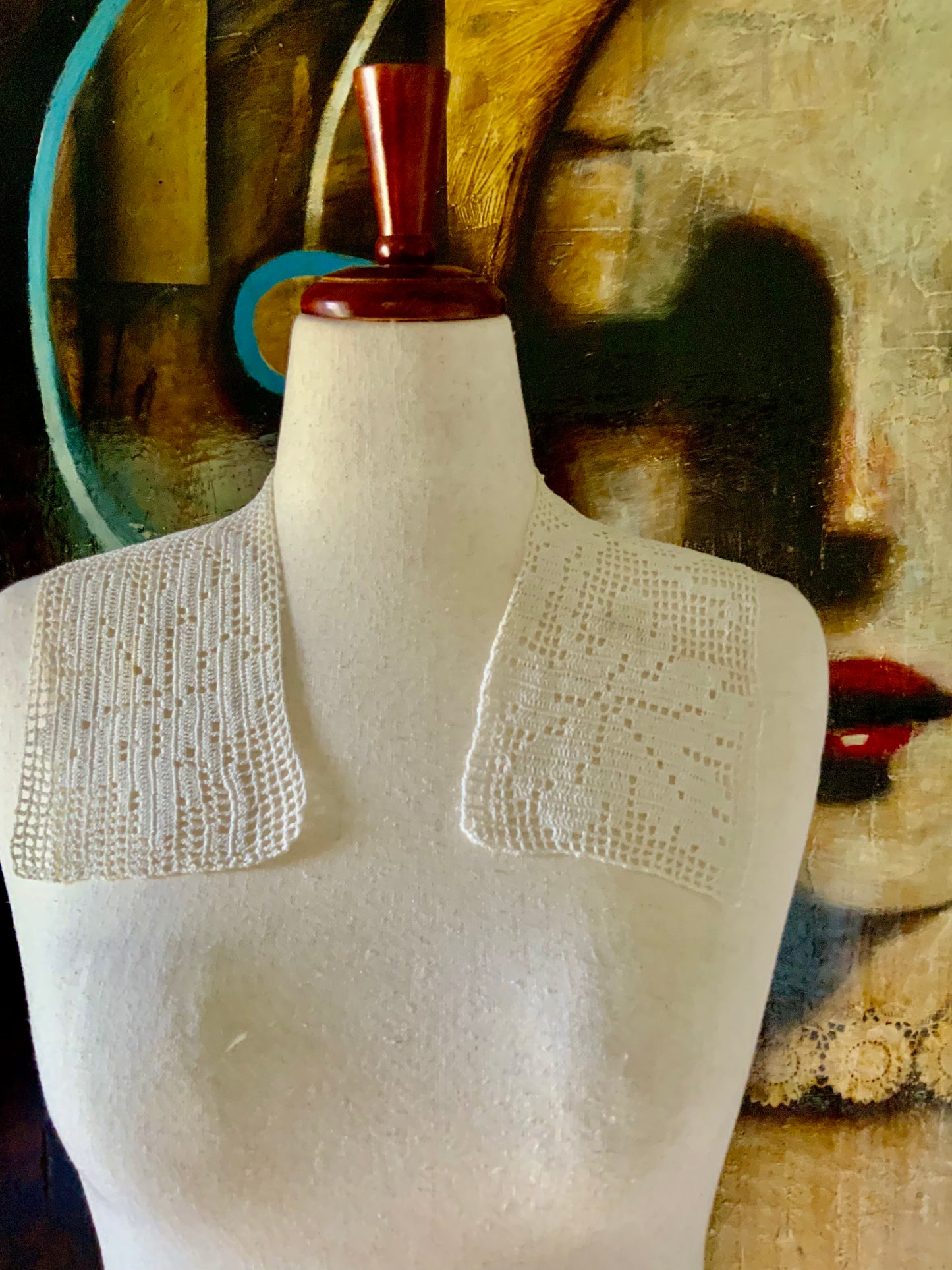 Antique Edwardian Filet Crochet Collar Bib | Handmade Cotton Lace Collar | 1900s Statement Detachable Collar
