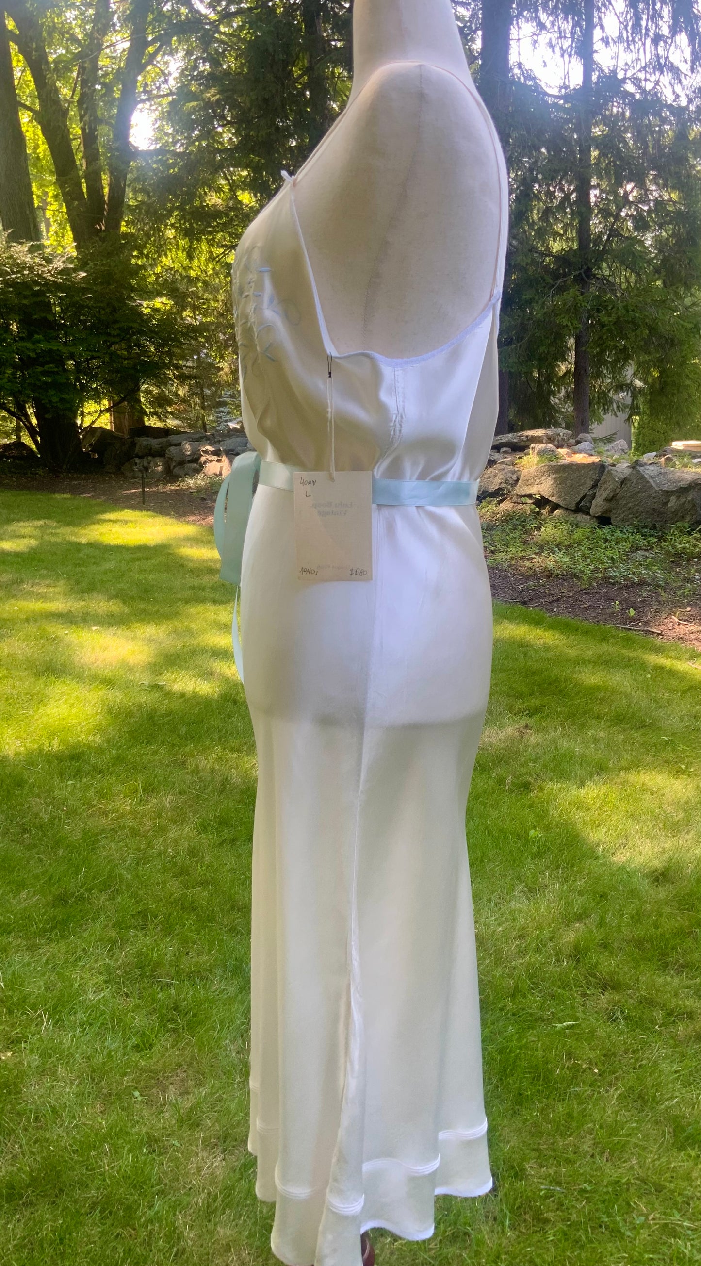 1930s Ivory Silk Satin Embroidered Slip Dress | Blue Floral Boudoir Nightgown | Bias Cut Bridal Lingerie | Old Hollywood Glamour-40AV