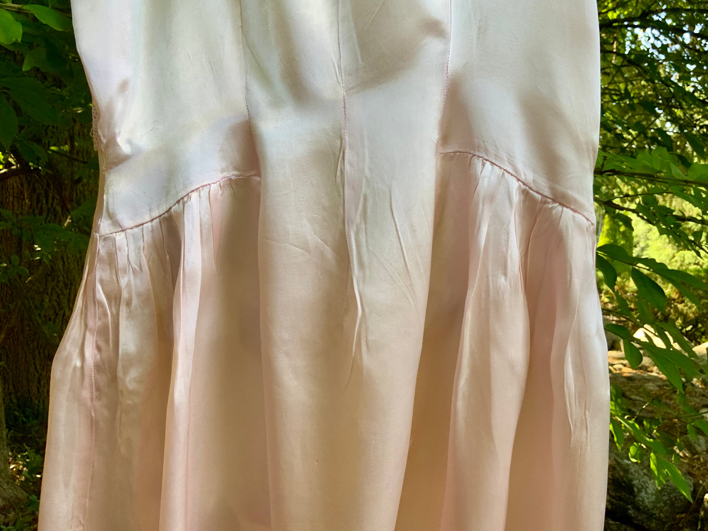 Rare 1930s Blush Pink Satin Boudoir Gown with Embroidery & Ribbon Sash-30DA