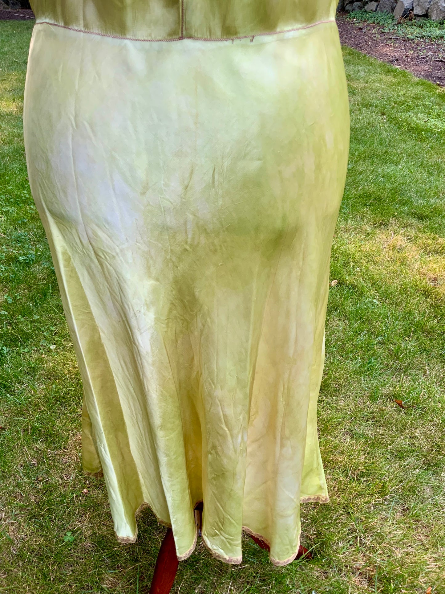 1930s Hand Dyed     Botanical Inspired Hand Dyed Silk Slip Dress. One of a Kind Woodland Fairy Bias Cut Gown.30BZ