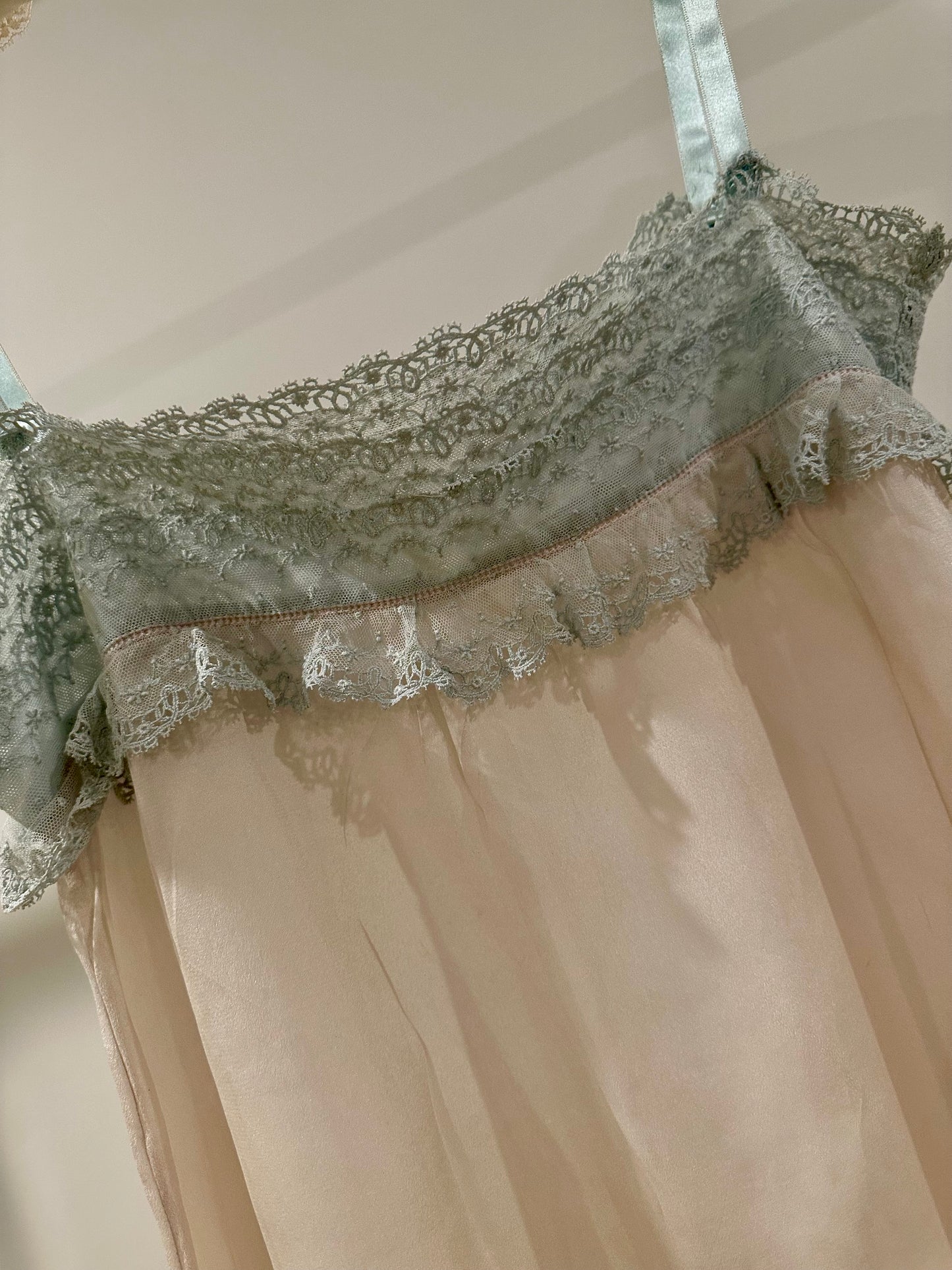 1920s–30s Pure Silk Teddy in Blush Pink with Powder-Blue Lace & Rare Antique Appliqués – Bridal Lingerie - 20AQ