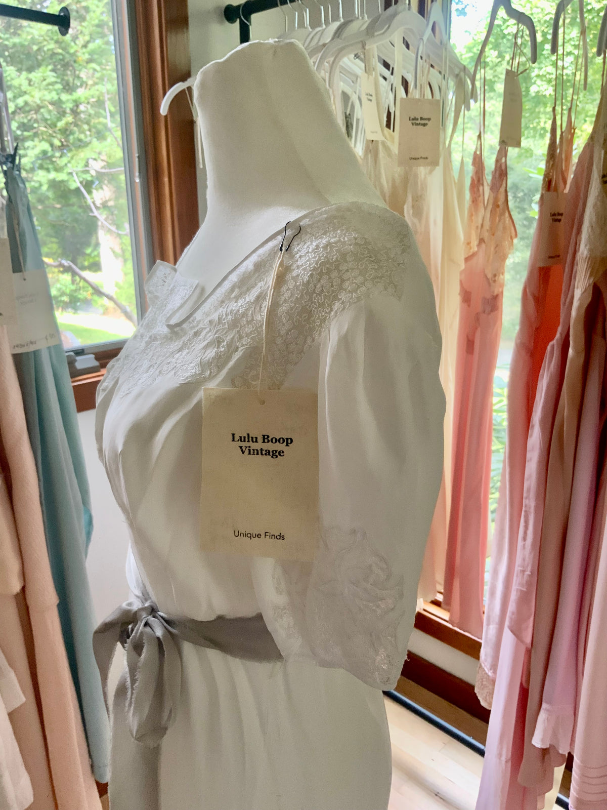 Circa 1930s–1940s White Satin Nightgown with Floral Lace and Ribbon Sash.
