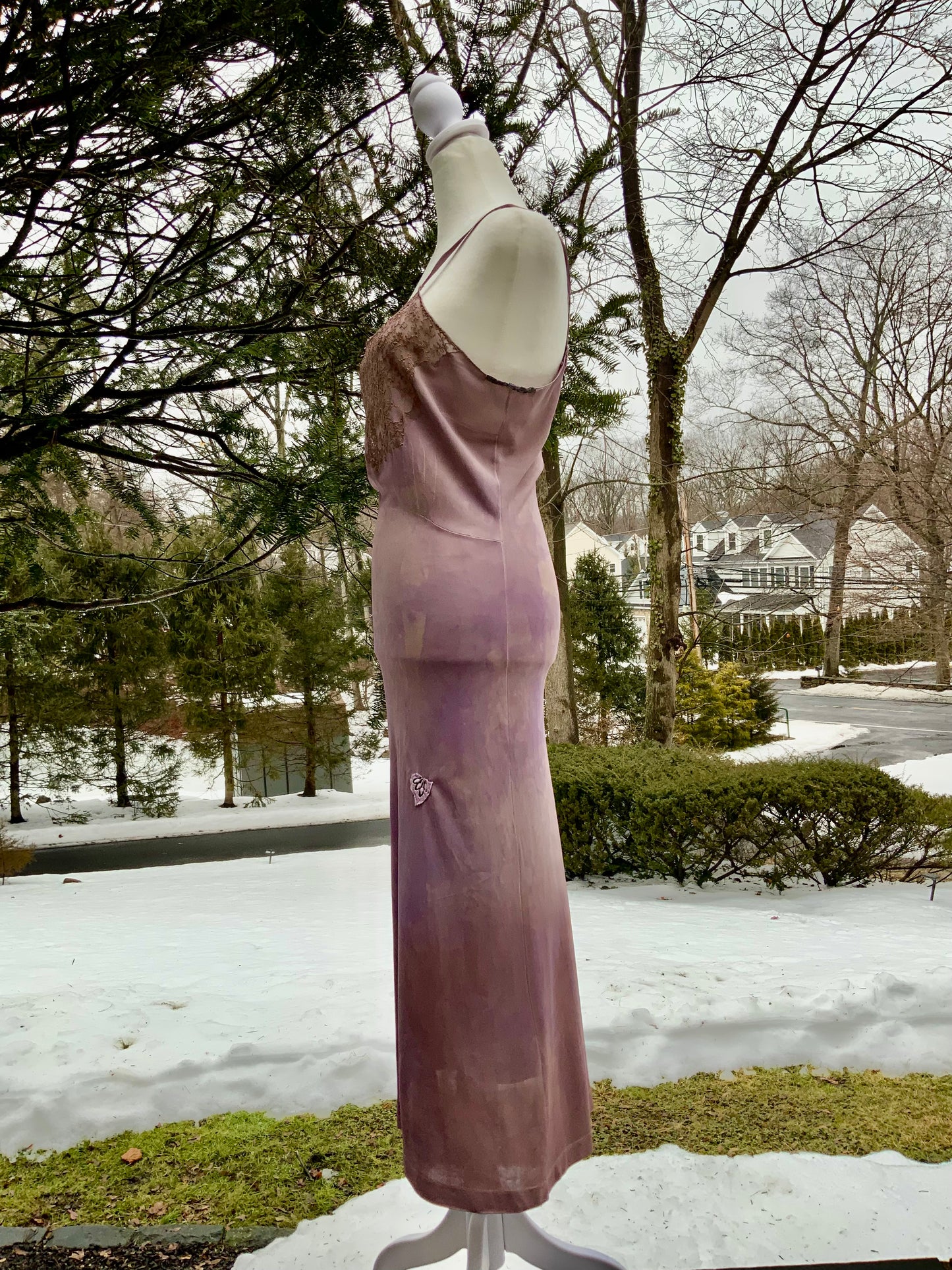 1990s Hand-Dyed Lilac Stretch Slip Dress • Lace Bust Vintage Boudoir Dress-90F