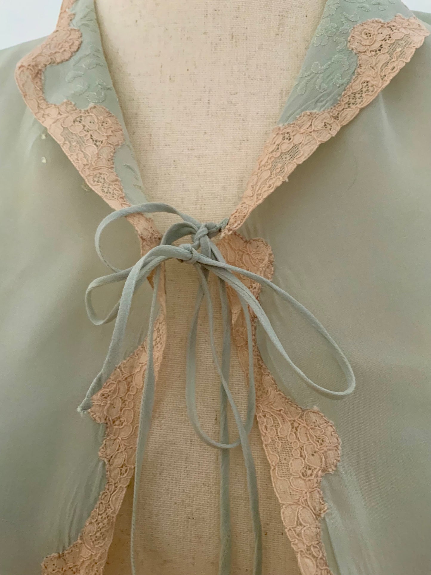 1930s Seafoam Silk Chiffon Bed Jacket with Blush Lace | Antique Boudoir Blouse-30BC