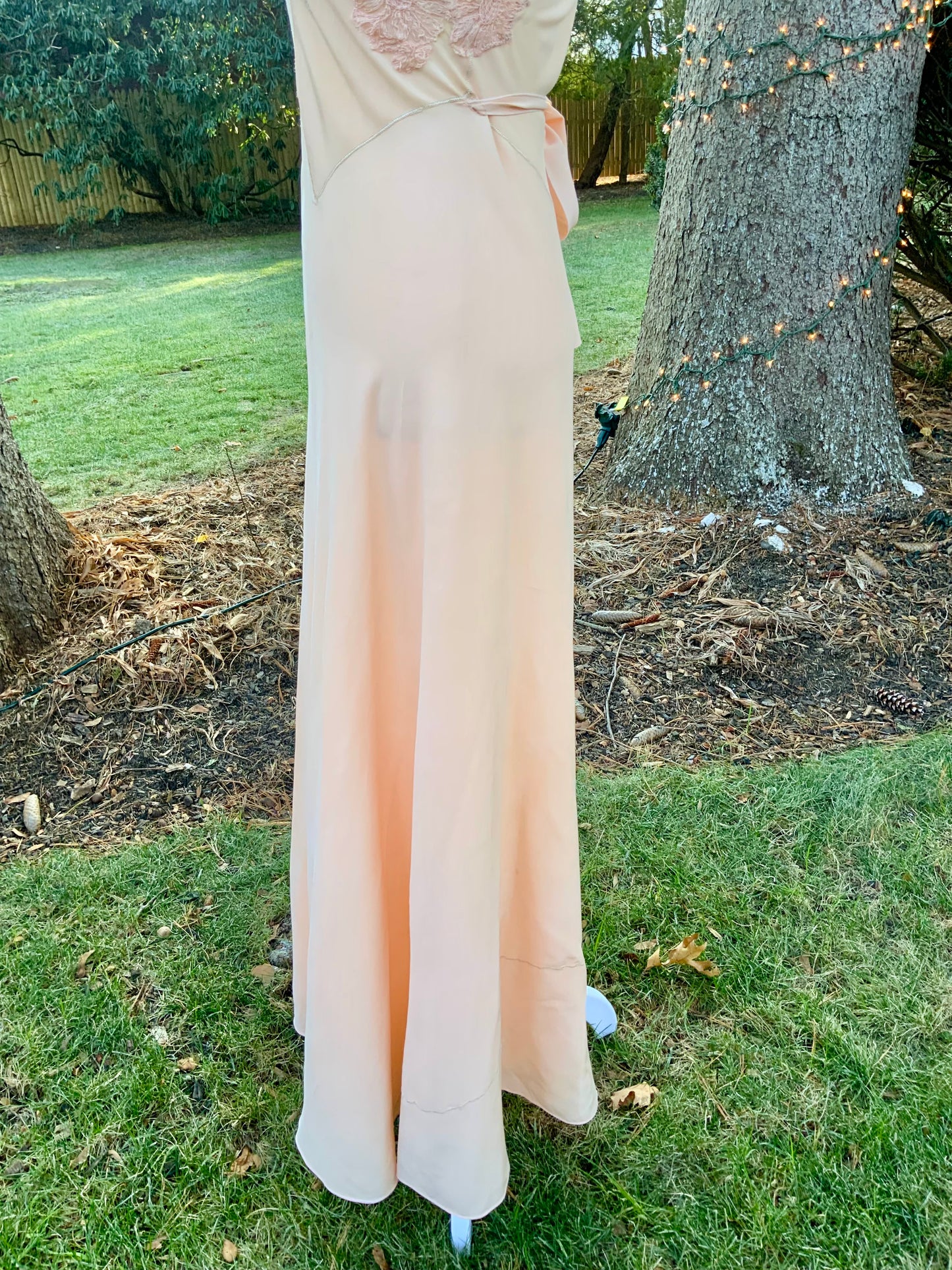 1930s Peach Rayon Nightgown with Art Deco Embroidery & Restored Lace Appliqués – Bias Cut Vintage Lingerie - 30AZ