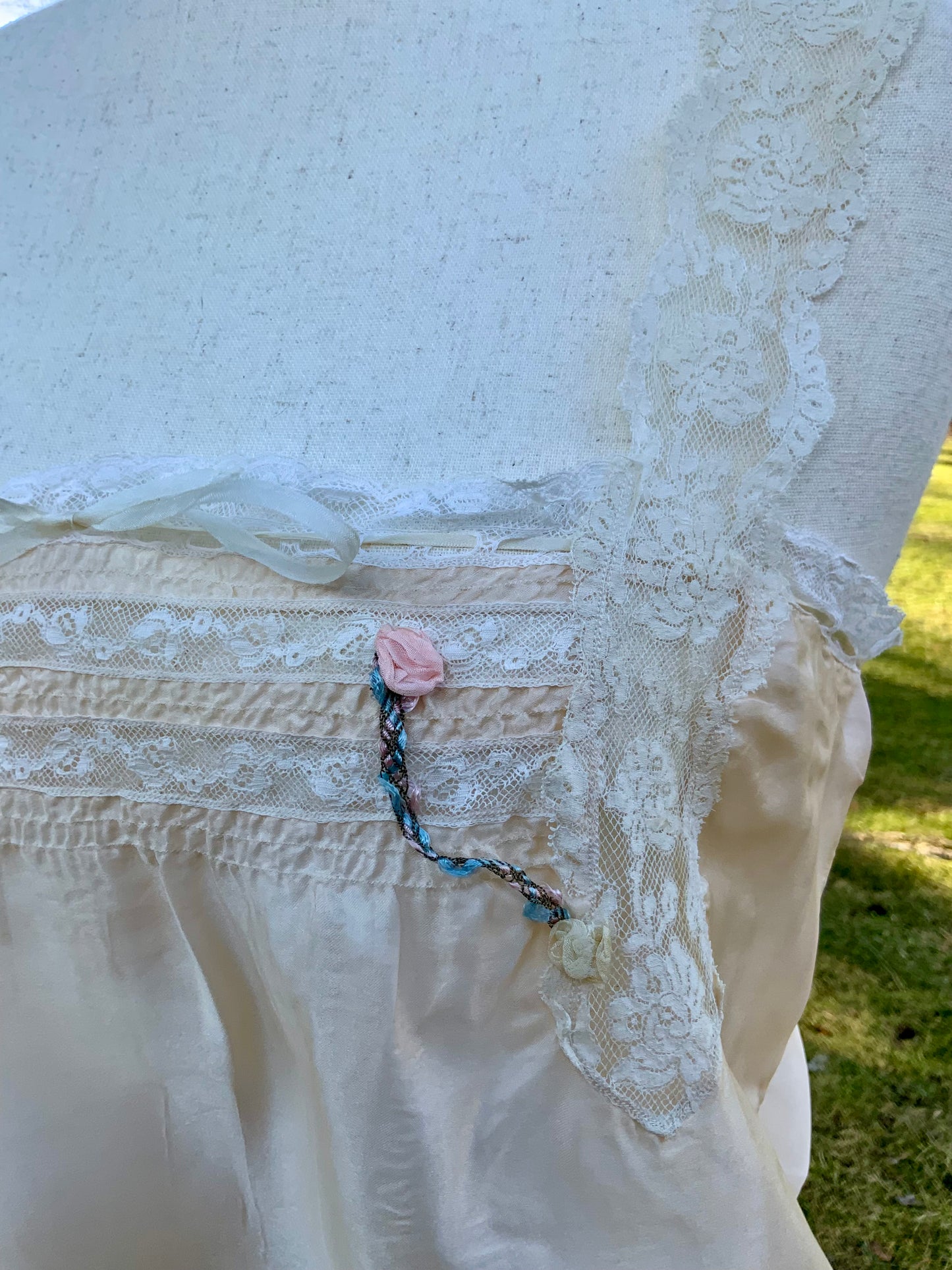 Antique Edwardian Silk Lingerie Camisole with Lace & Rosette Details | Circa 1905–1915-ED44