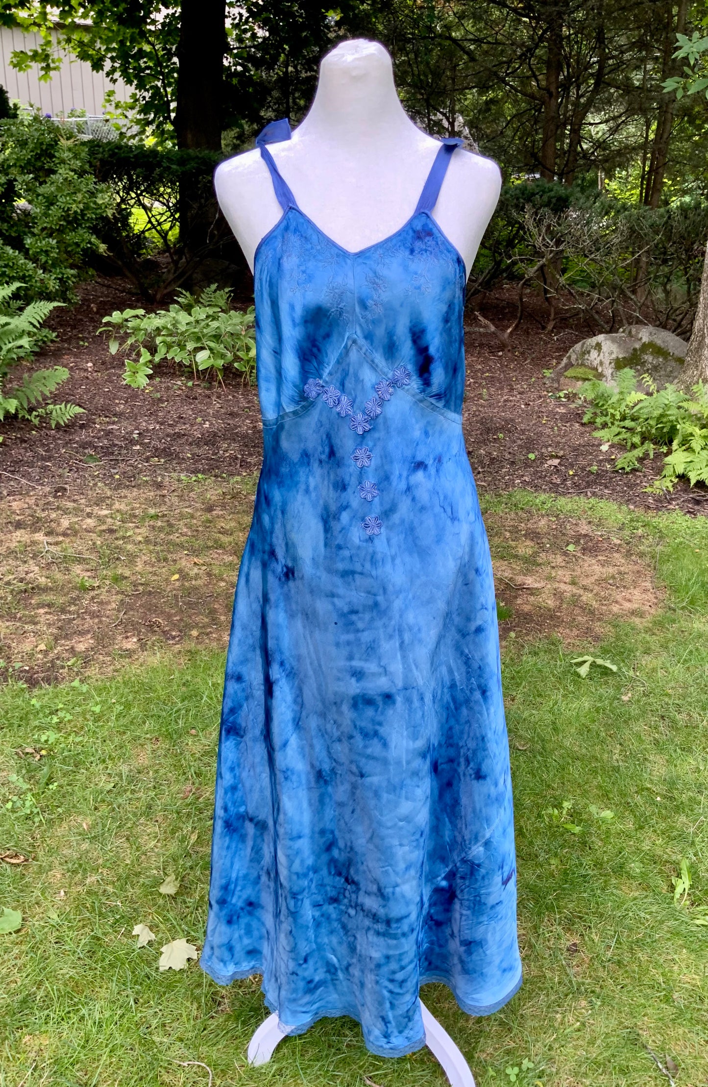 1930s Hand Dyed Blue Satin Nightgown with Floral Appliqués.40CG