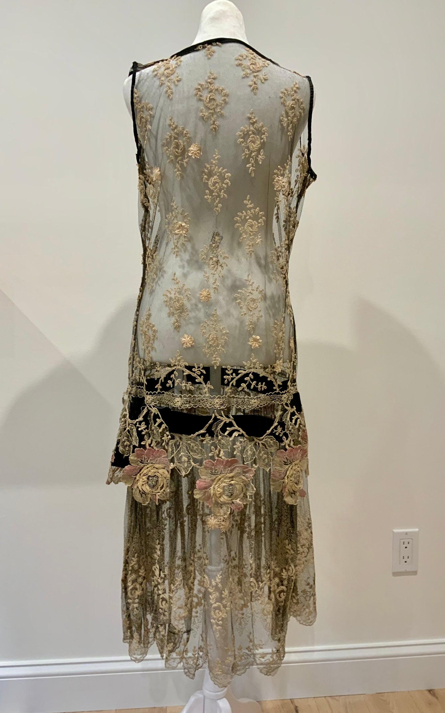 Rare 1920s French Lace Dress. Black Net & Pink Floral Embroidery. Restored Antique Flapper Dress.20AT.