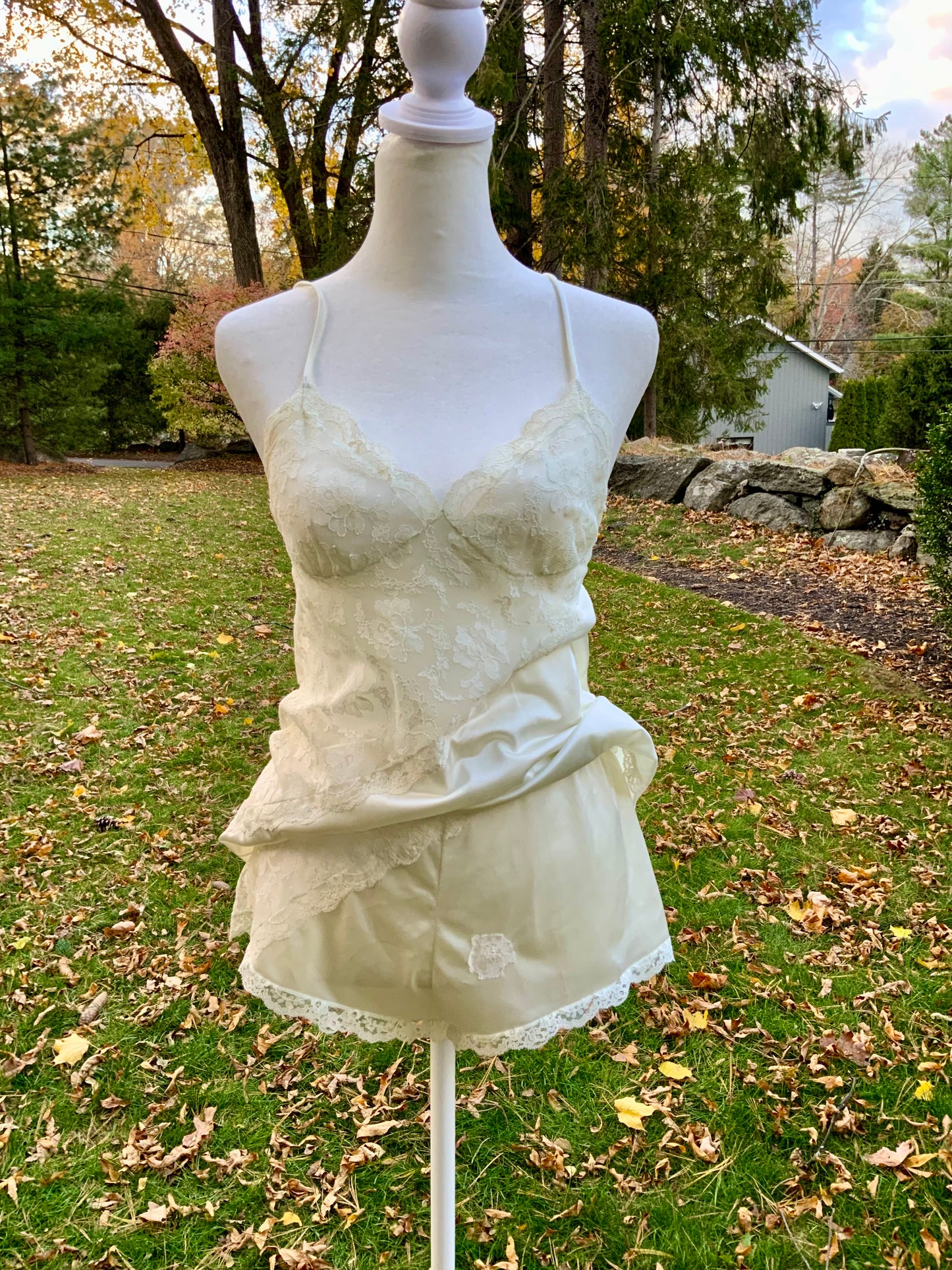 Vintage Bob Mackie for Glydons Ivory Lace & Satin Teddy | Late 1970s Designer Lingerie- 70X