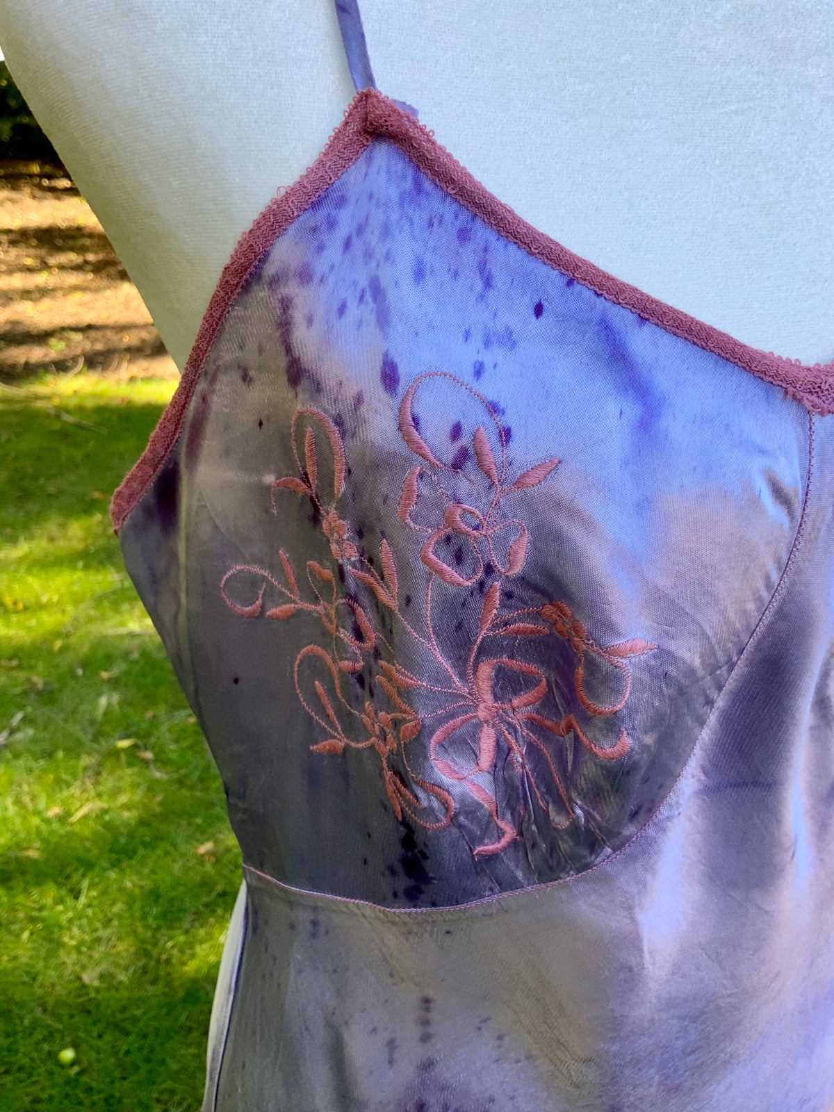 1930s/40s  Hand-Dyed Lilac Satin Slip Dress with Floral Embroidery.40BV