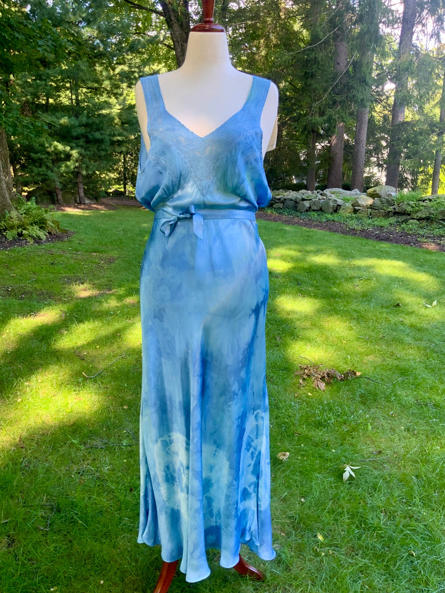 1930s Hand Dyed Blue Bias Cut Satin Nightgown with Lace.40BZ