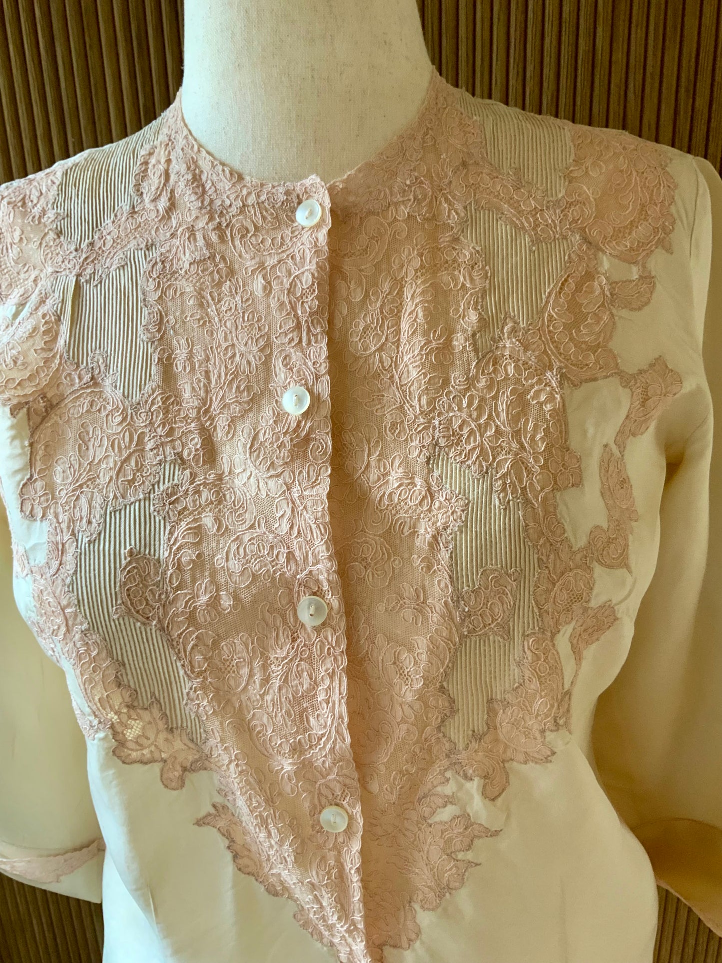 1930s Silk Blouse with Blush Lace Appliqué – Sheer Antique Chiffon Top, Romantic Lingerie Style, Bridal Boudoir Vintage-30BG
