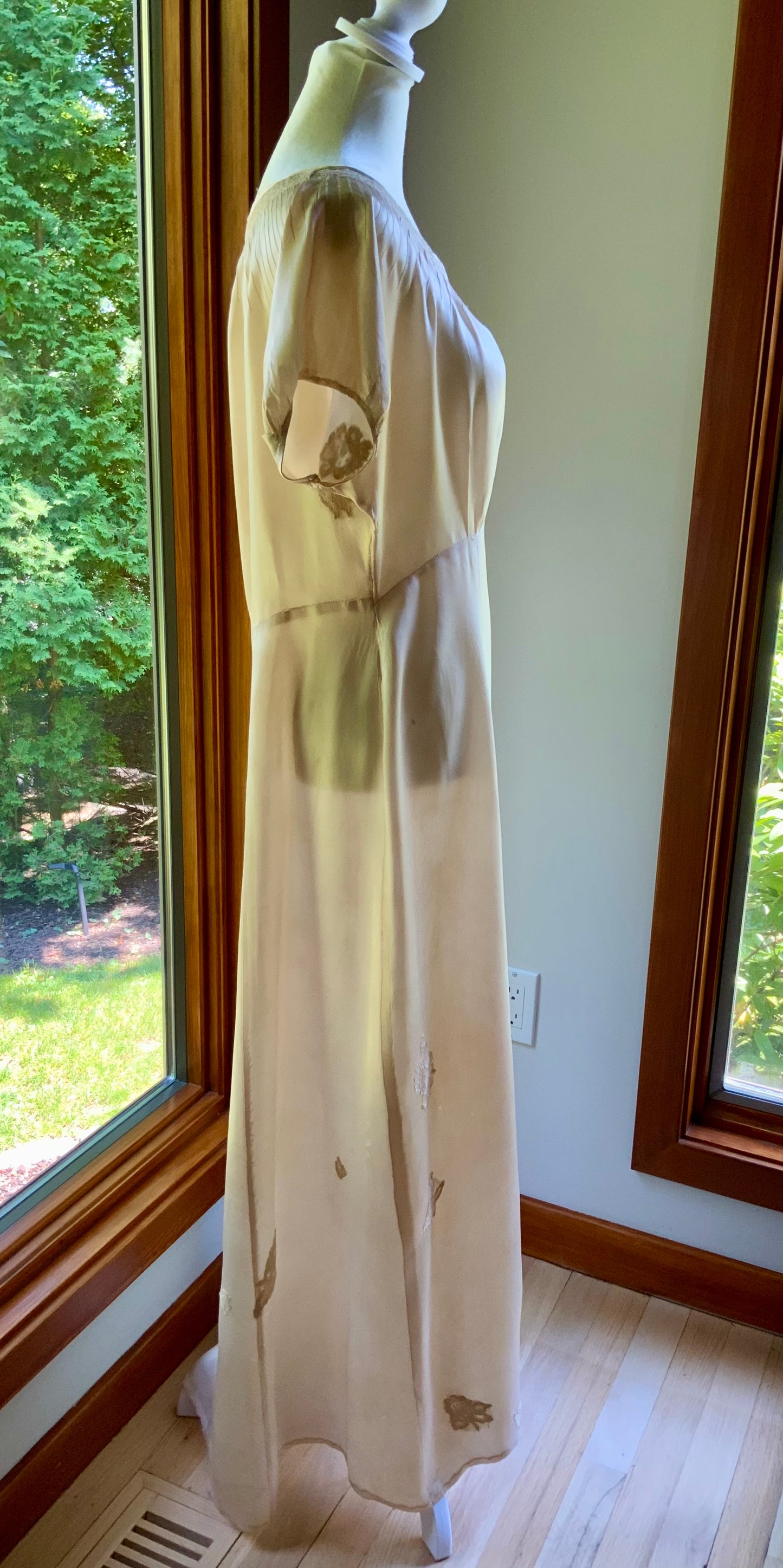 1930s Tea Dyed Silk Gown | Restored Antique Silk Lounge Dress | Lace Appliqué
