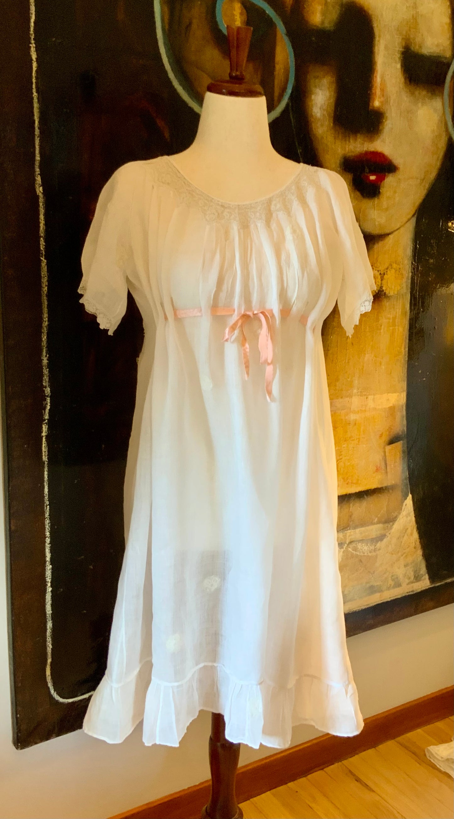 Antique Edwardian Cotton Nightgown “Carmela” Hand Repaired with Filet Lace Appliqués – Restored Heirloom Piece-ED81