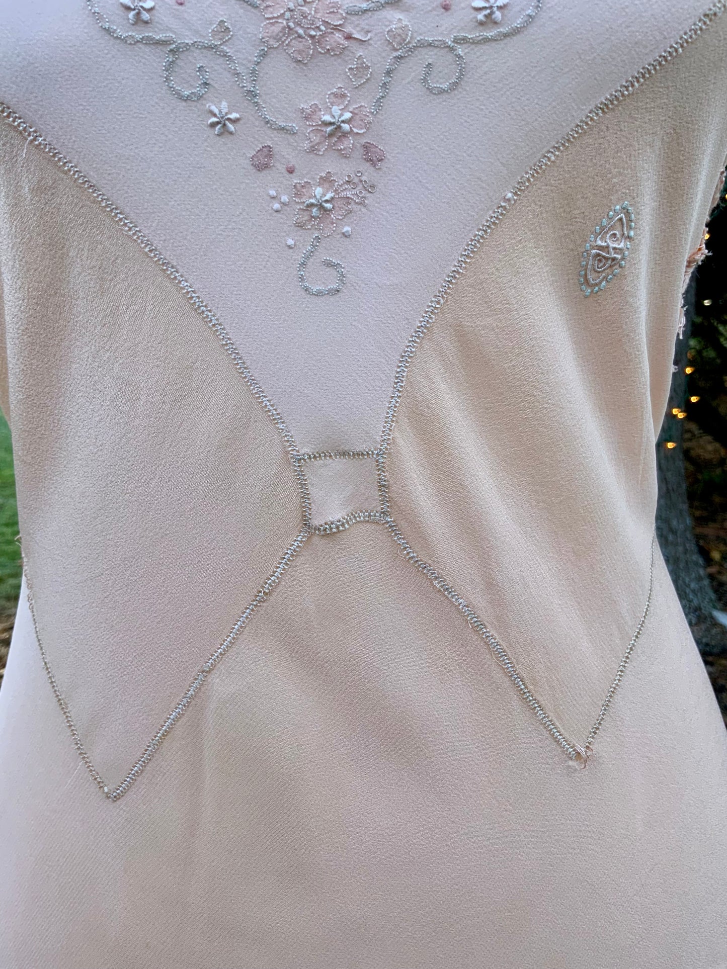 1930s Peach Rayon Nightgown with Art Deco Embroidery & Restored Lace Appliqués – Bias Cut Vintage Lingerie - 30AZ