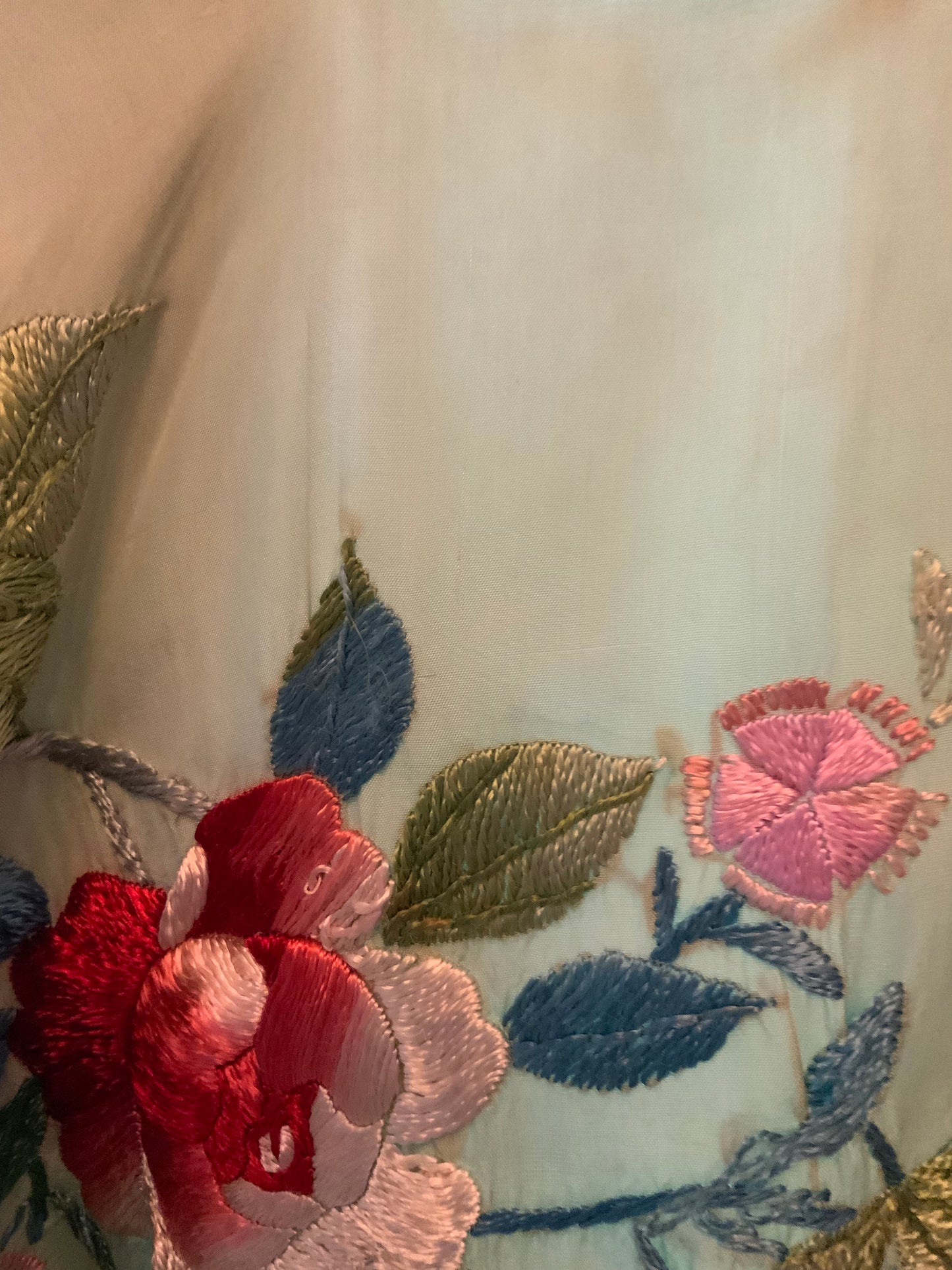 Vintage Japanese Silk Embroidered Kimono | Celadon Green Floral Robe
-40CD