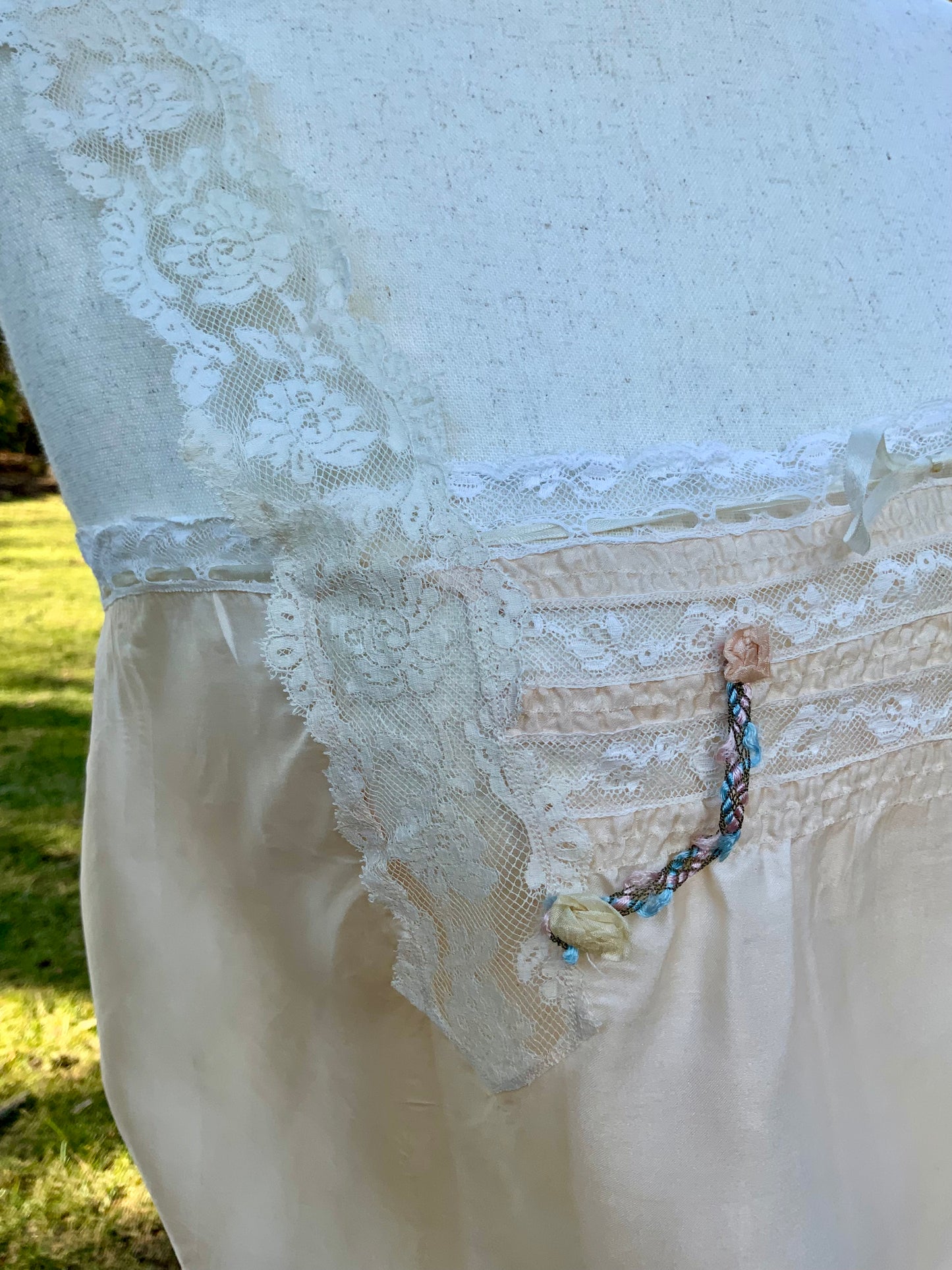 Antique Edwardian Silk Lingerie Camisole with Lace & Rosette Details | Circa 1905–1915-ED44