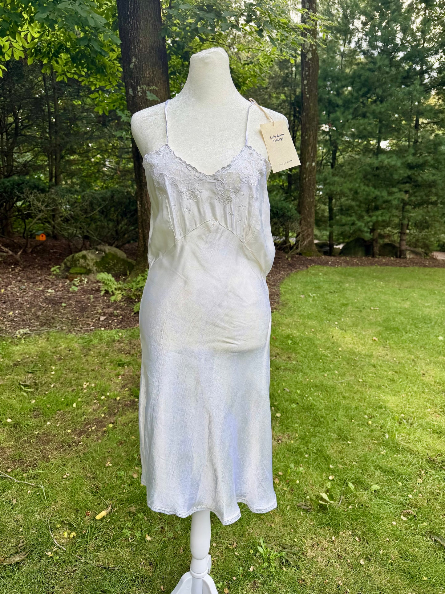 1930s White Pure Rayon Bias Cut Slip Dress with Lace Bodice.30CH