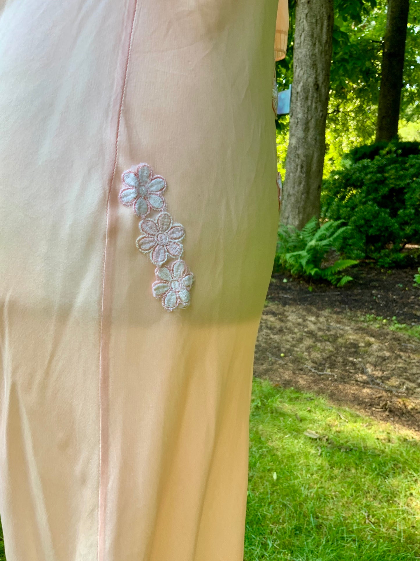 Rare Late 1930s Peach Silk Evening Gown. Pleated Bodice. Bias Cut. Restored Floral Details.30CY