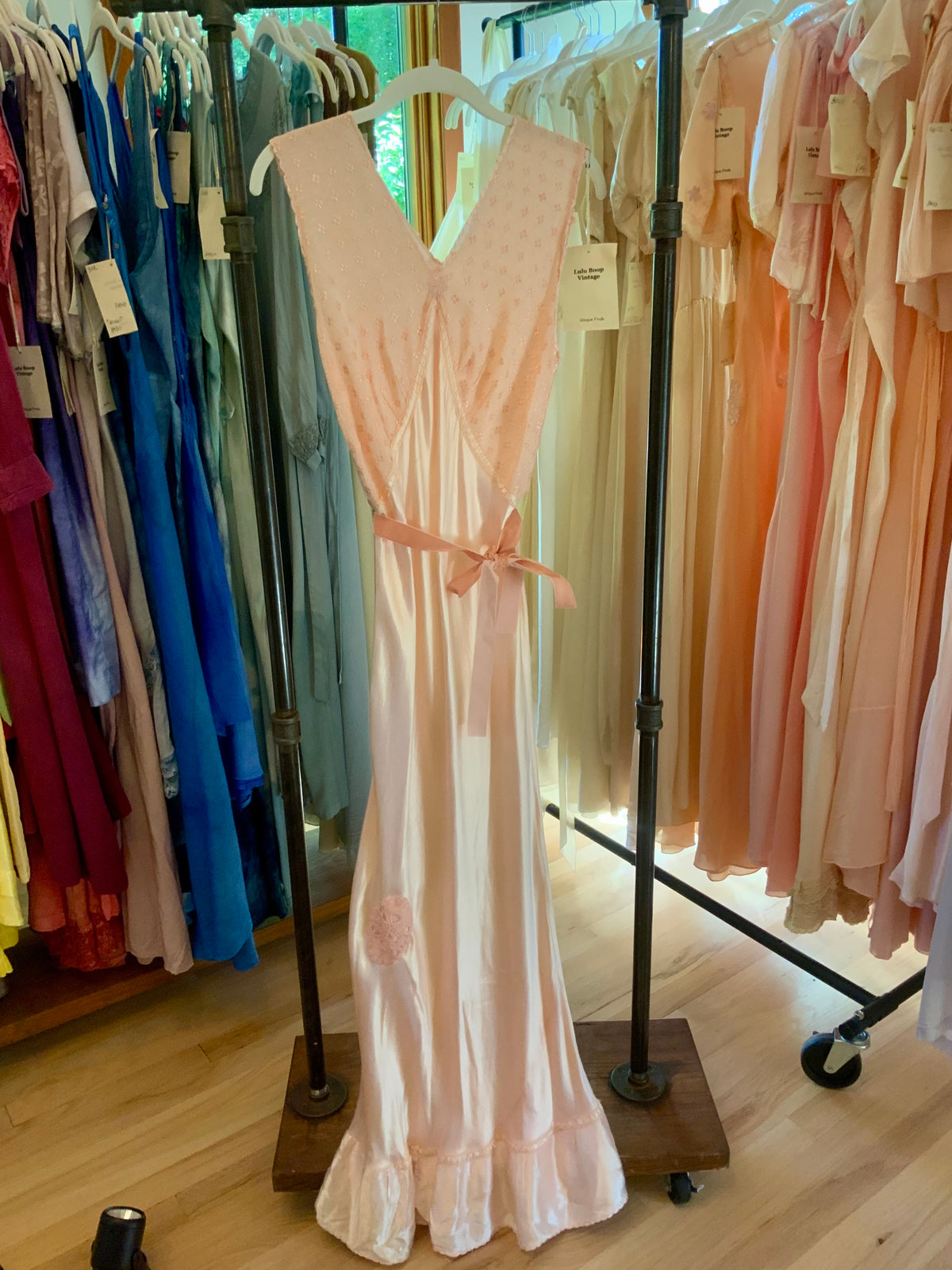 1930s Blush Pink Satin Nightgown with Sheer Embroidered Bodice.30CK
