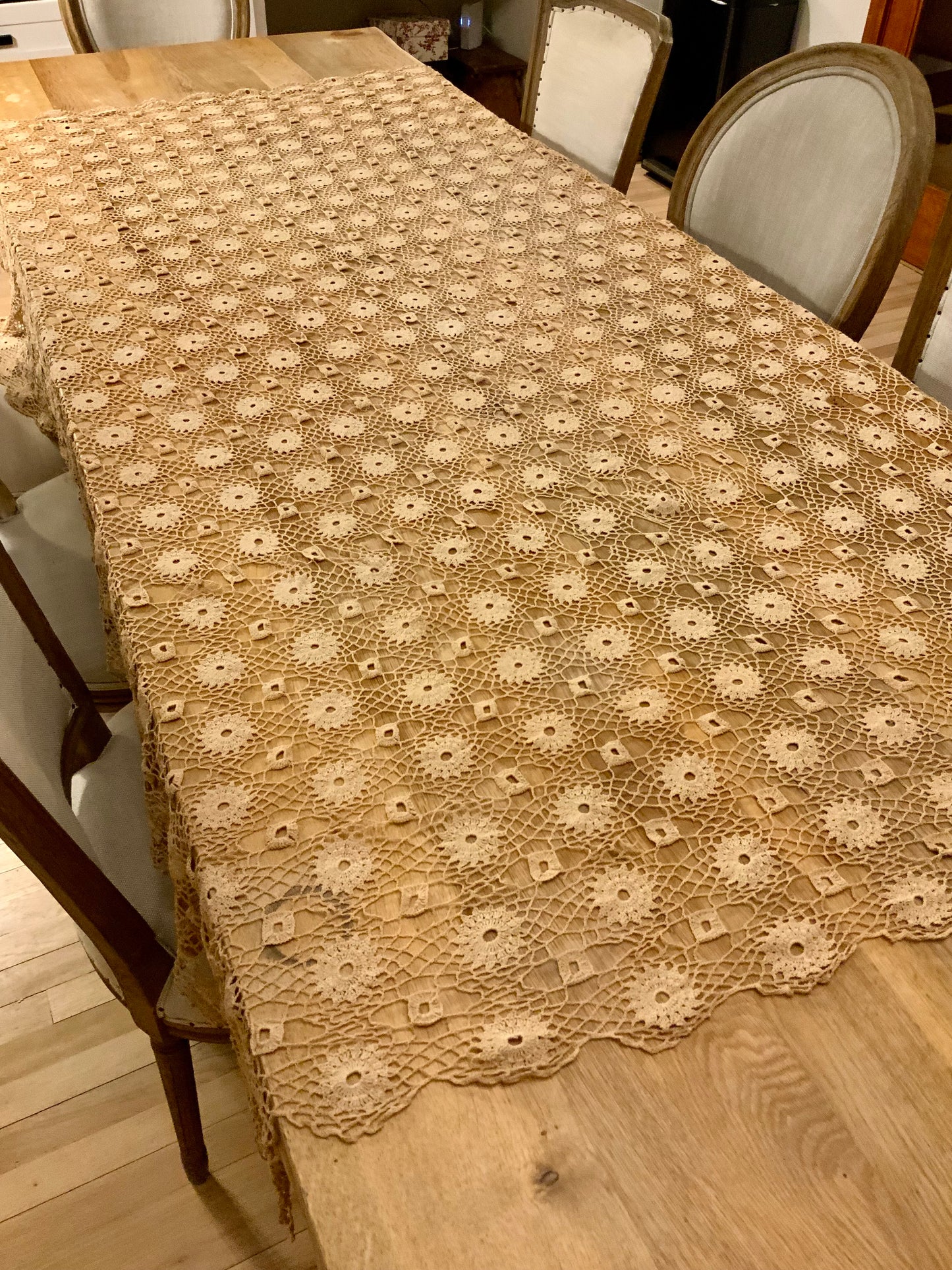Large Antique Crochet Lace Tablecloth – Handworked Heirloom Textile – Decorative Statement Piece – Early 20th Century- Iconic Rare