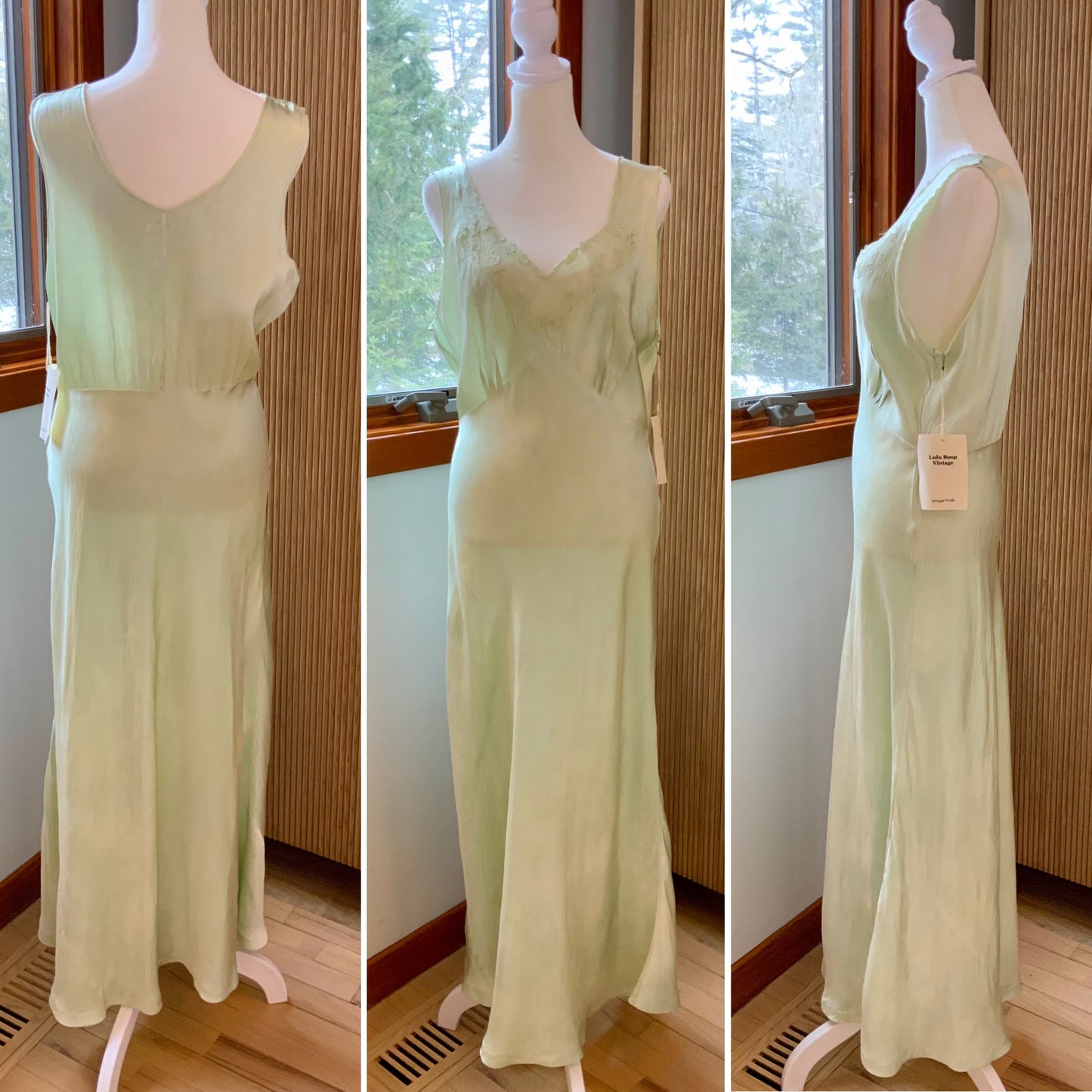 1930s Silk Satin Bias Cut Gown – Hand Dyed Celadon Mint – Vintage Lace Evening Slip Dress
40U