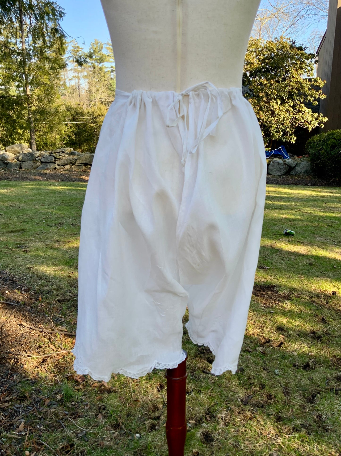 Antique Edwardian Split Drawers Bloomers – White Cotton Lingerie Pants with Hand Embroidery & Lace Hem – Early 1900s-ED71